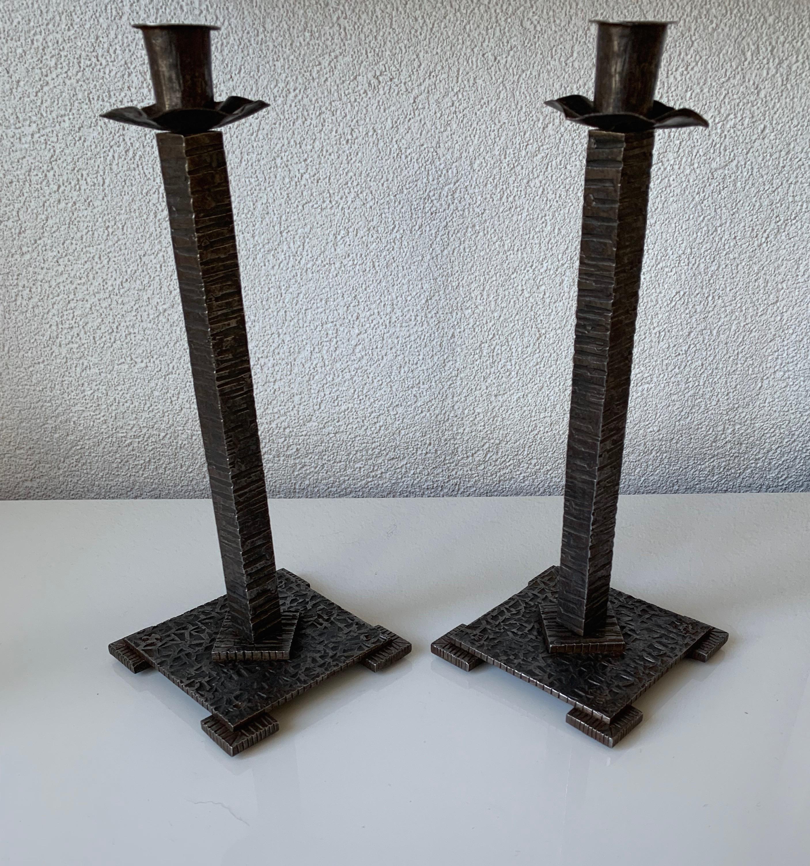 Handcrafted Pair of French Art Deco Wrought Iron Candlesticks / Candleholders 9