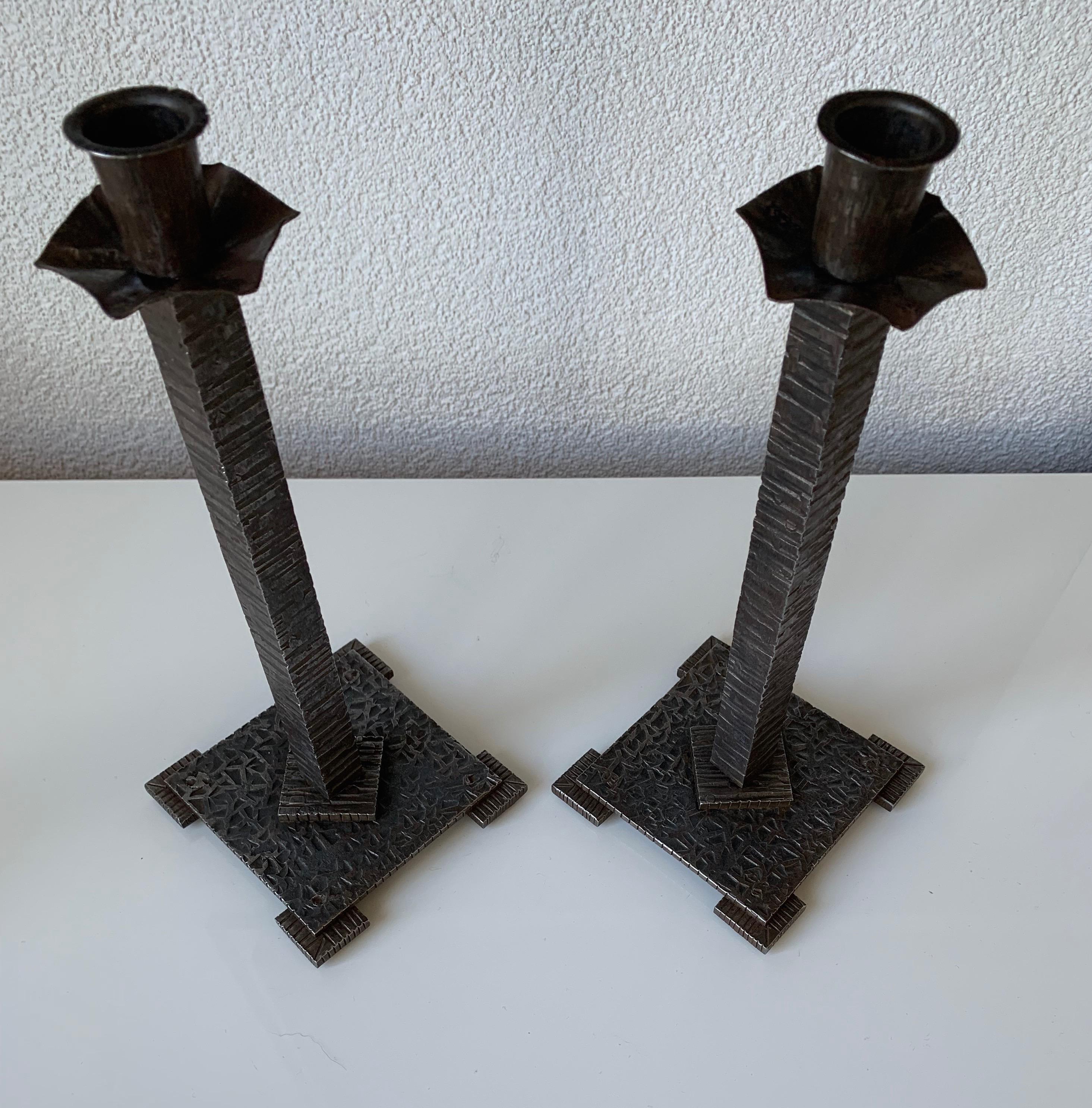 Handcrafted Pair of French Art Deco Wrought Iron Candlesticks / Candleholders 10