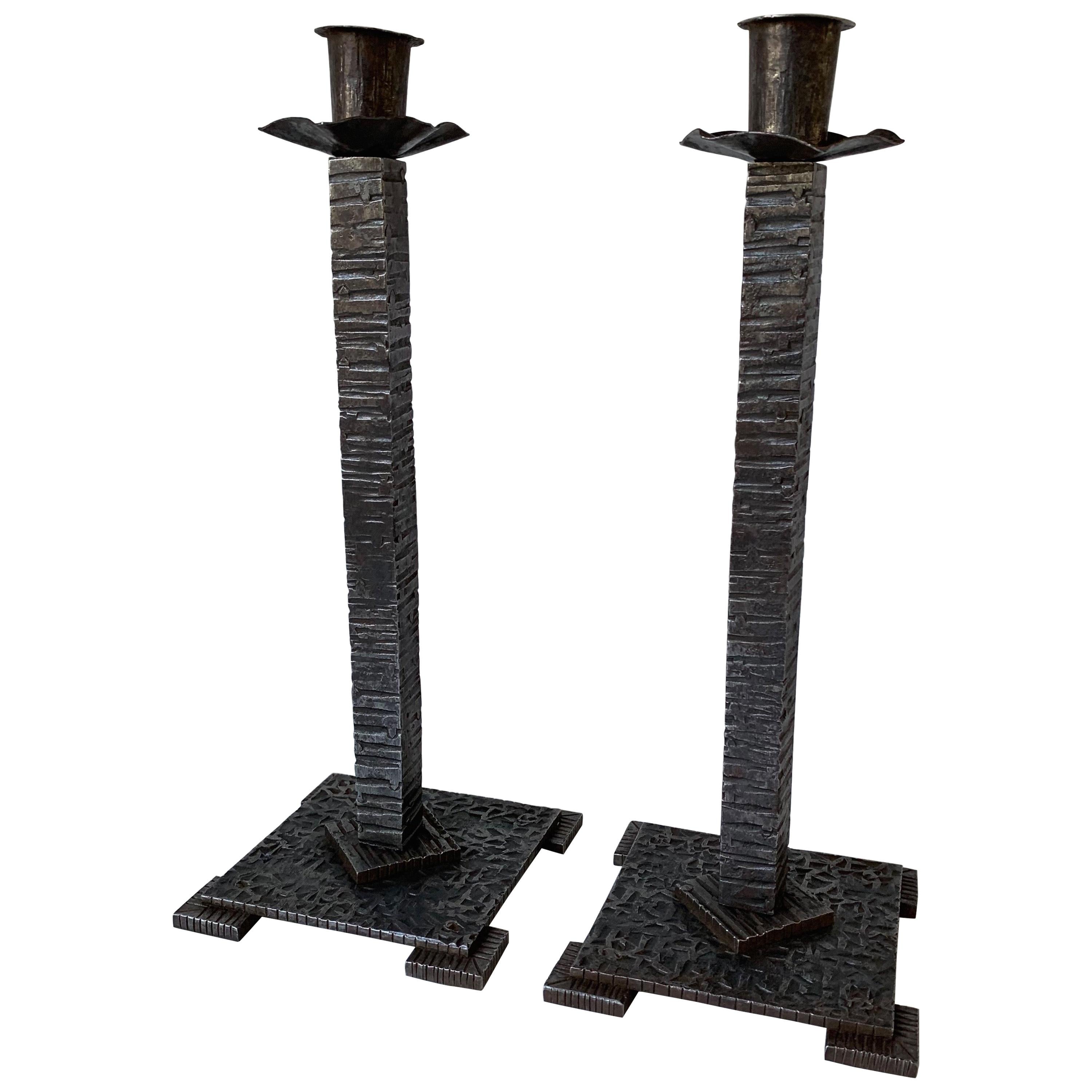 Handcrafted Pair of French Art Deco Wrought Iron Candlesticks / Candleholders