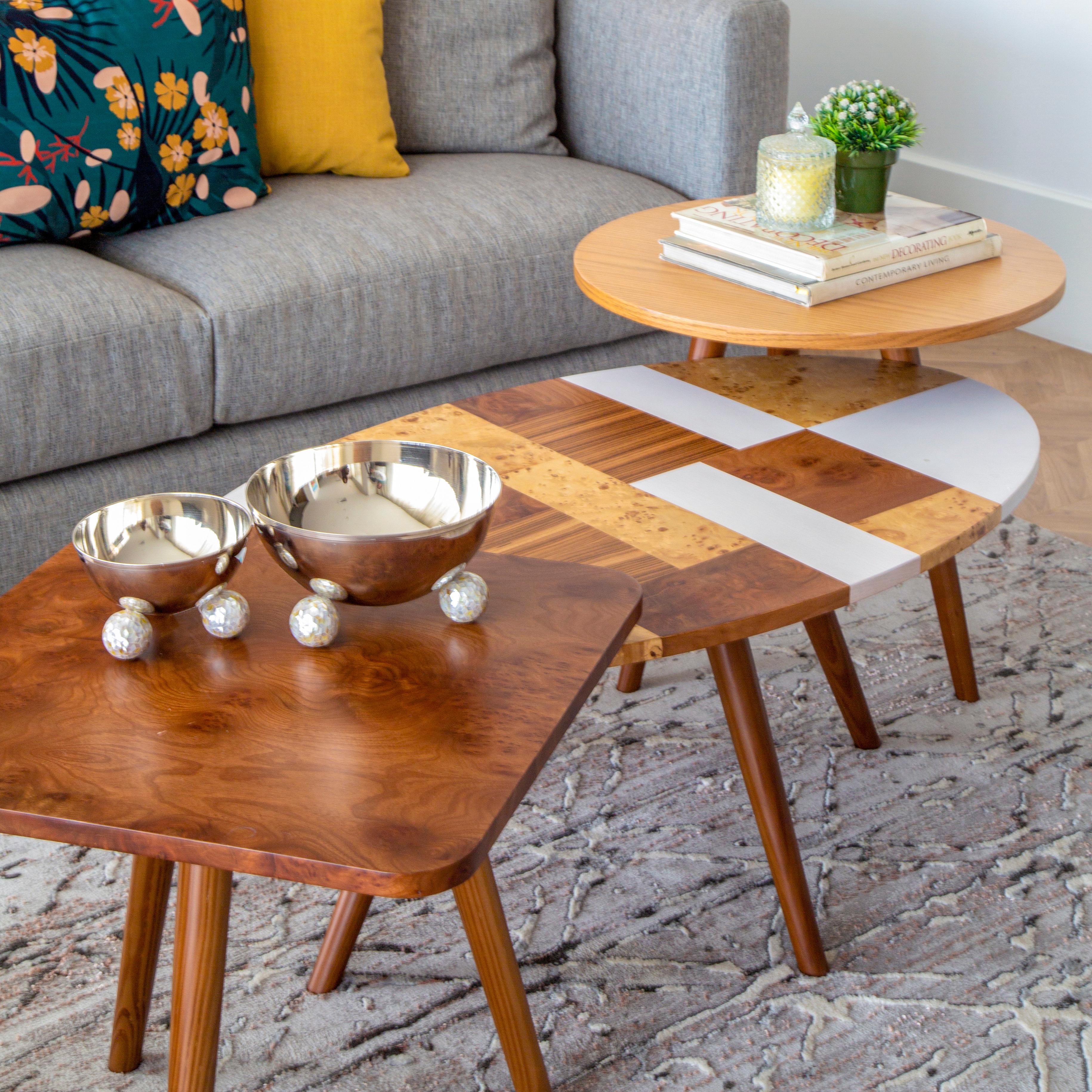 Hand-Crafted Patchwork Coffee Table with Maple, Zebra, Oak & Lacquered Veneers.
Our Patchwork coffee table set is hand-crafted with maple, zebra, oak and lacquered veneers to create a unique look. You can mix and match these tables to create a bold