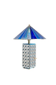 Hand-Crafted, Polished Aluminum and Blue Stained Glass Table Lamp