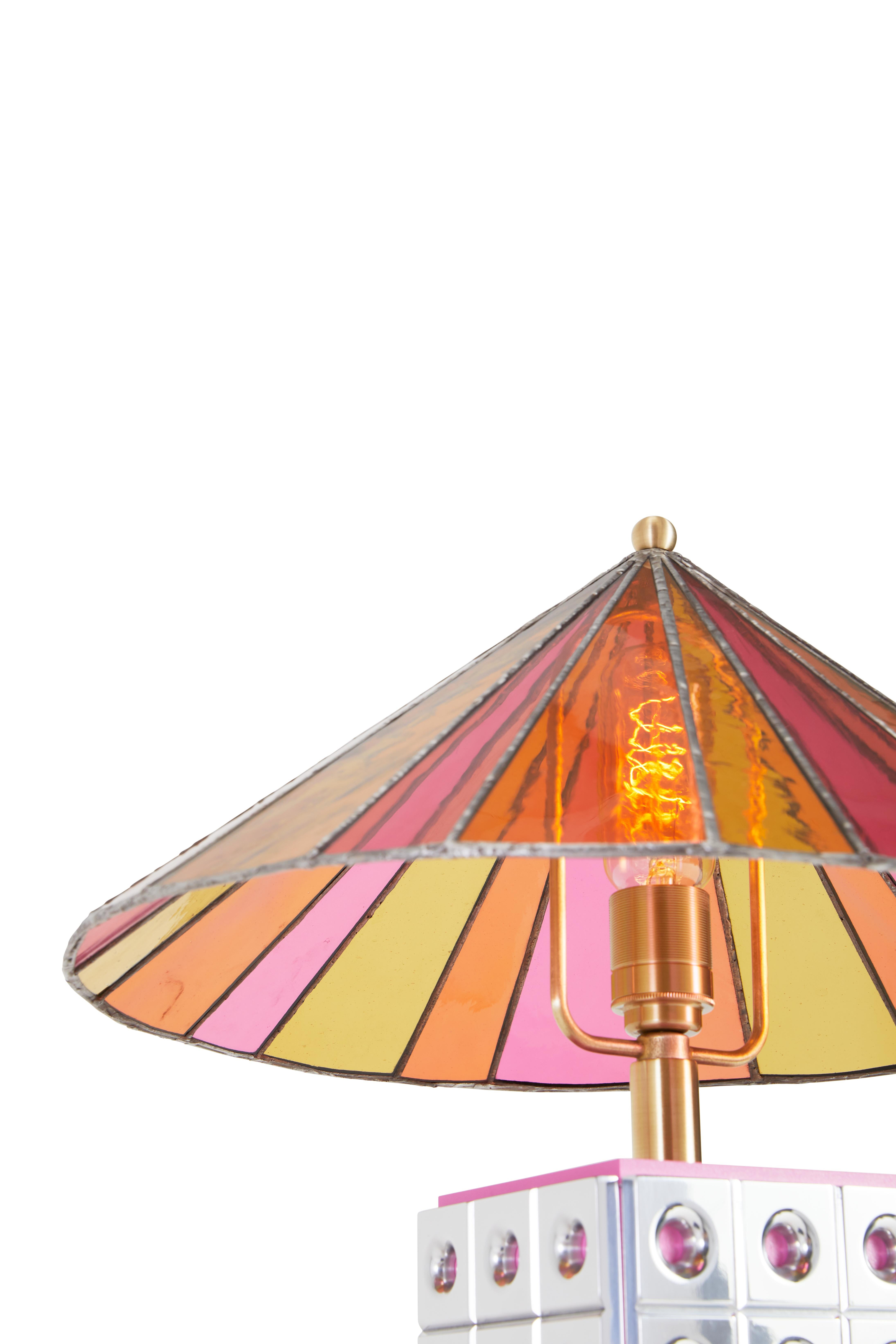 Contemporary Hand-Crafted, Polished Aluminum and Pink Stained Glass Table Lamp For Sale