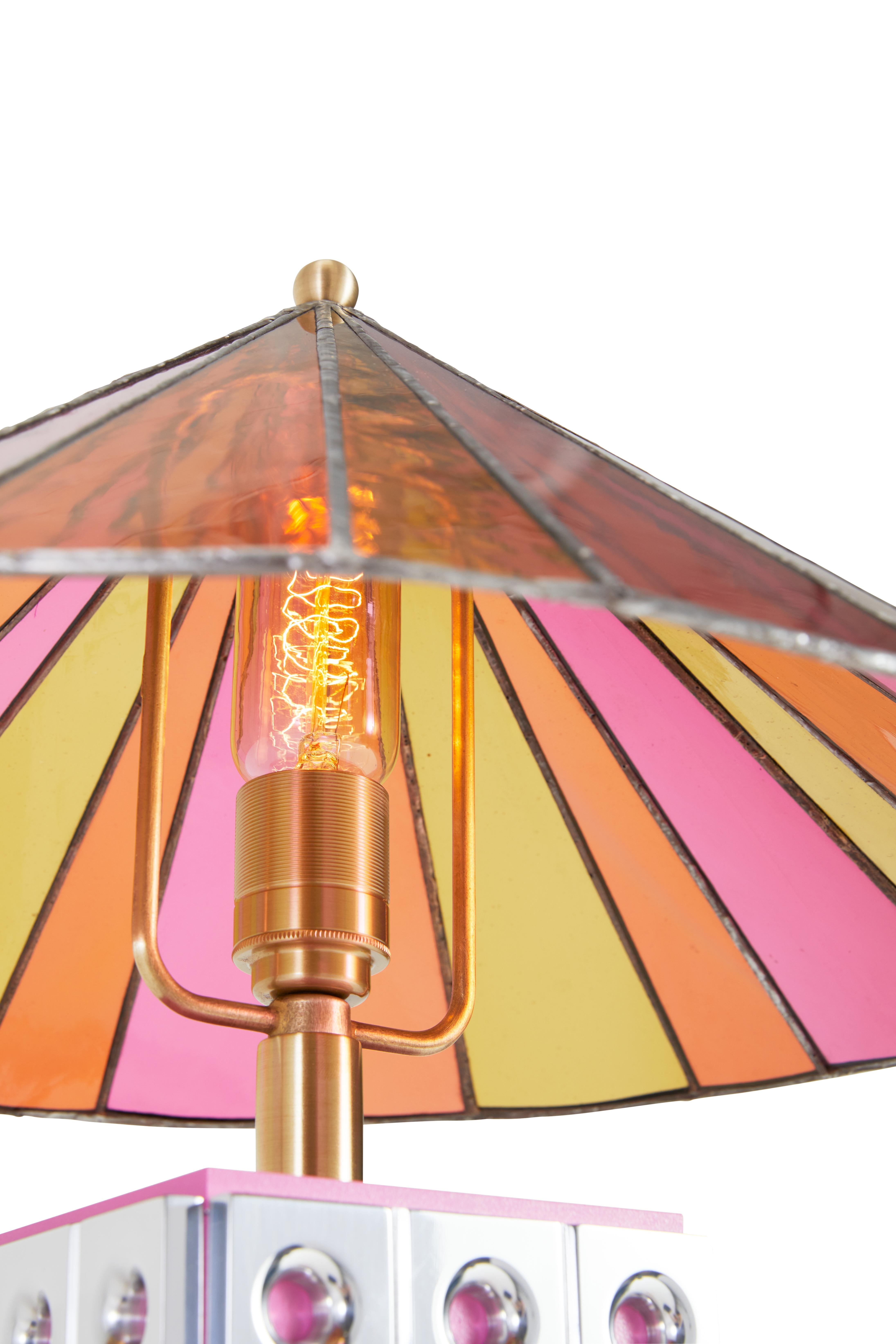 Hand-Crafted, Polished Aluminum and Pink Stained Glass Table Lamp For Sale 1