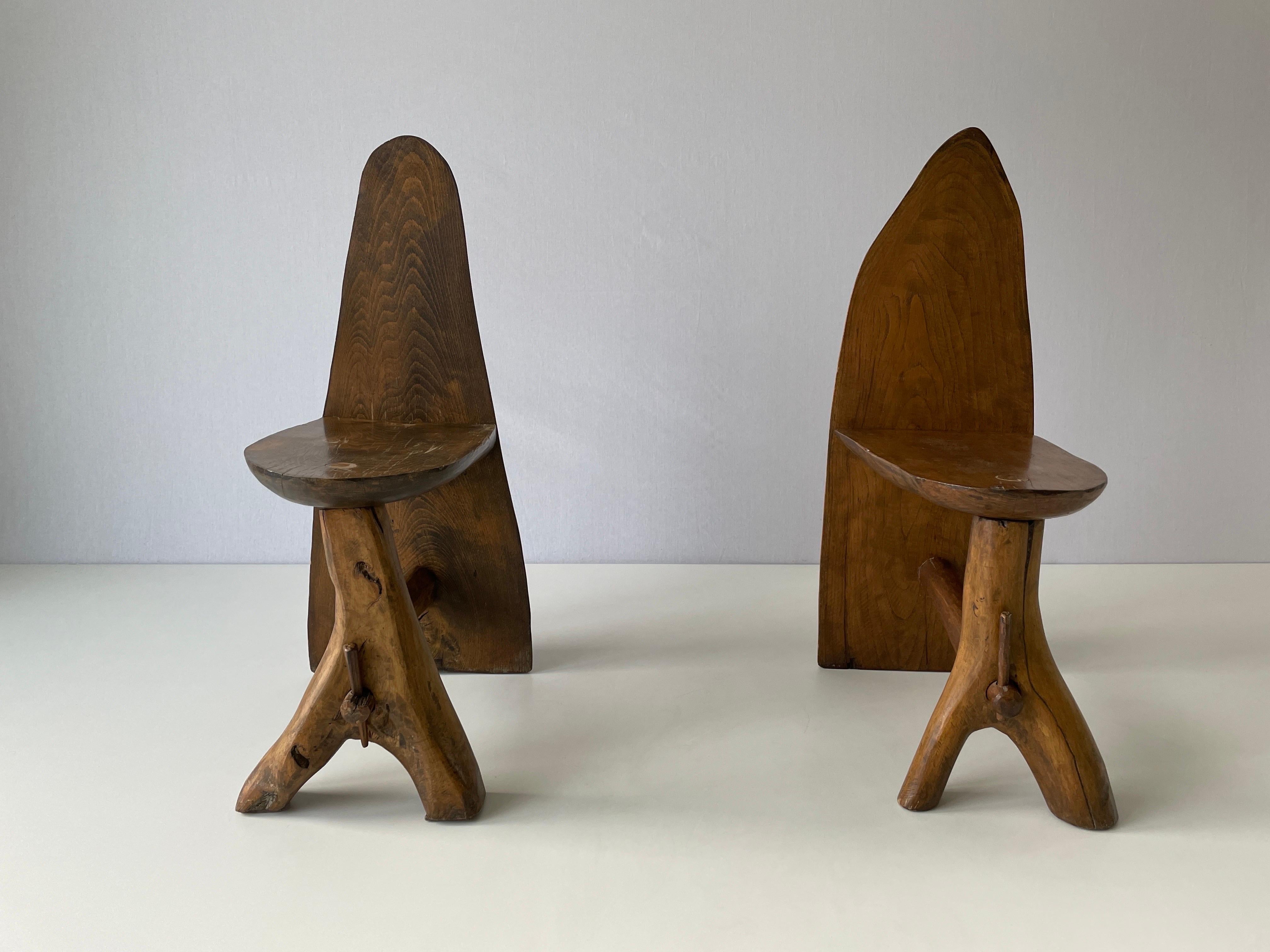 Mid-Century Modern Hand-crafted Primitive Design Solid Wood Pair of Chairs, 1950s, Italy For Sale
