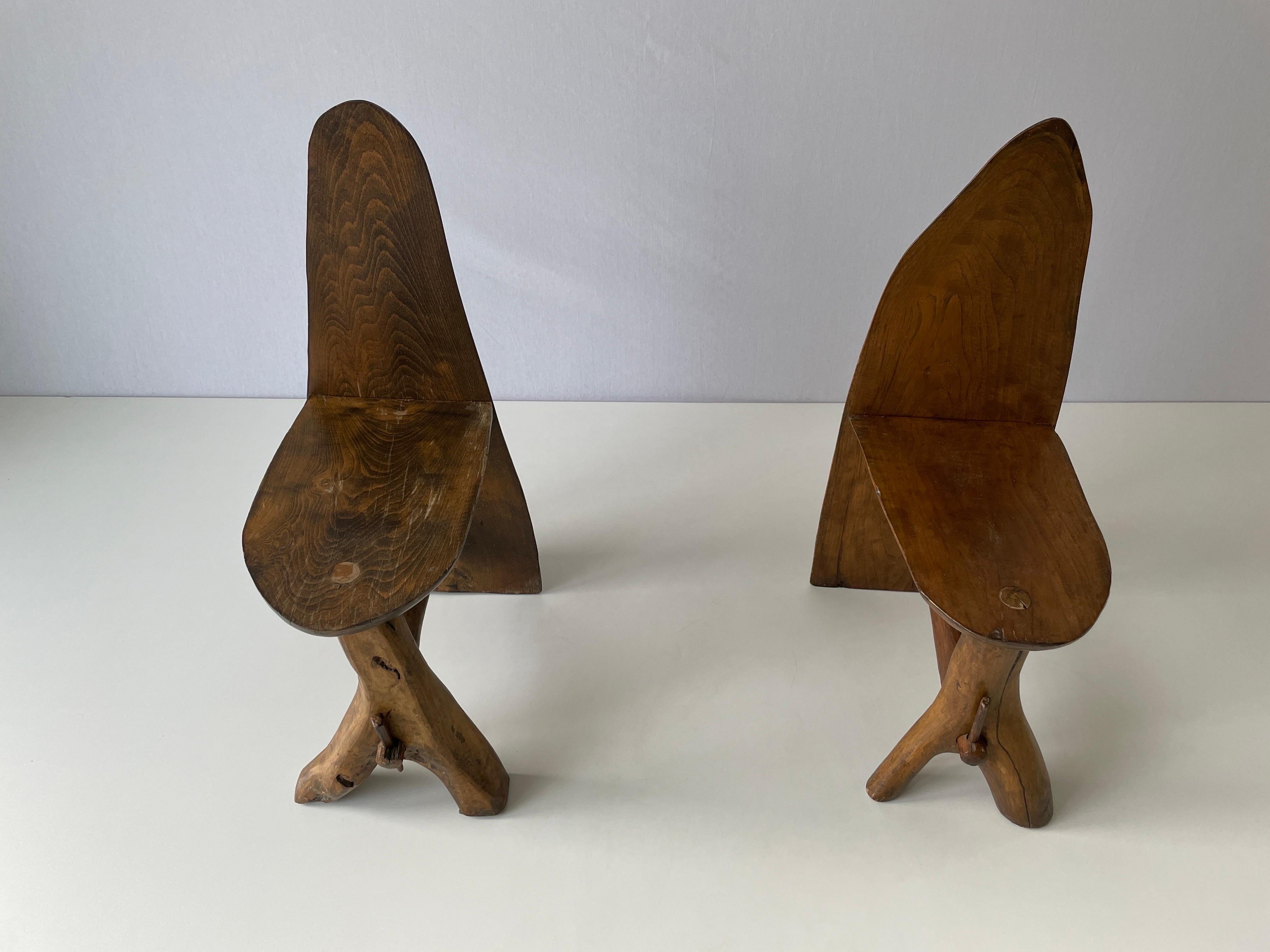 Italian Hand-crafted Primitive Design Solid Wood Pair of Chairs, 1950s, Italy For Sale
