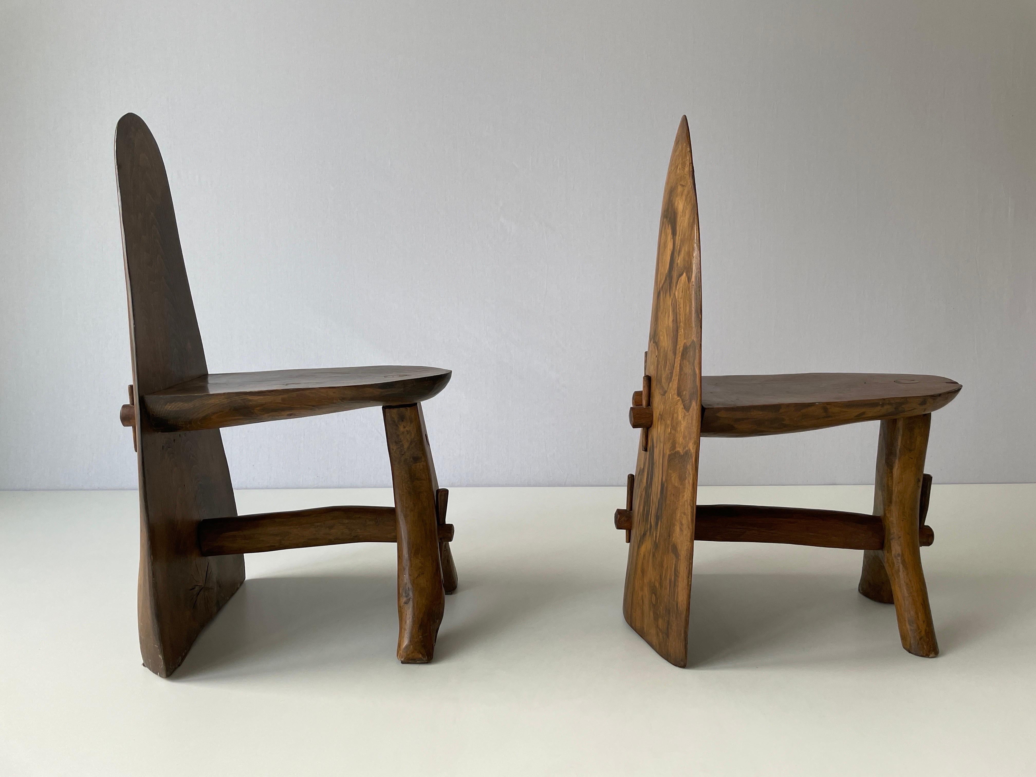 Mid-20th Century Hand-crafted Primitive Design Solid Wood Pair of Chairs, 1950s, Italy For Sale