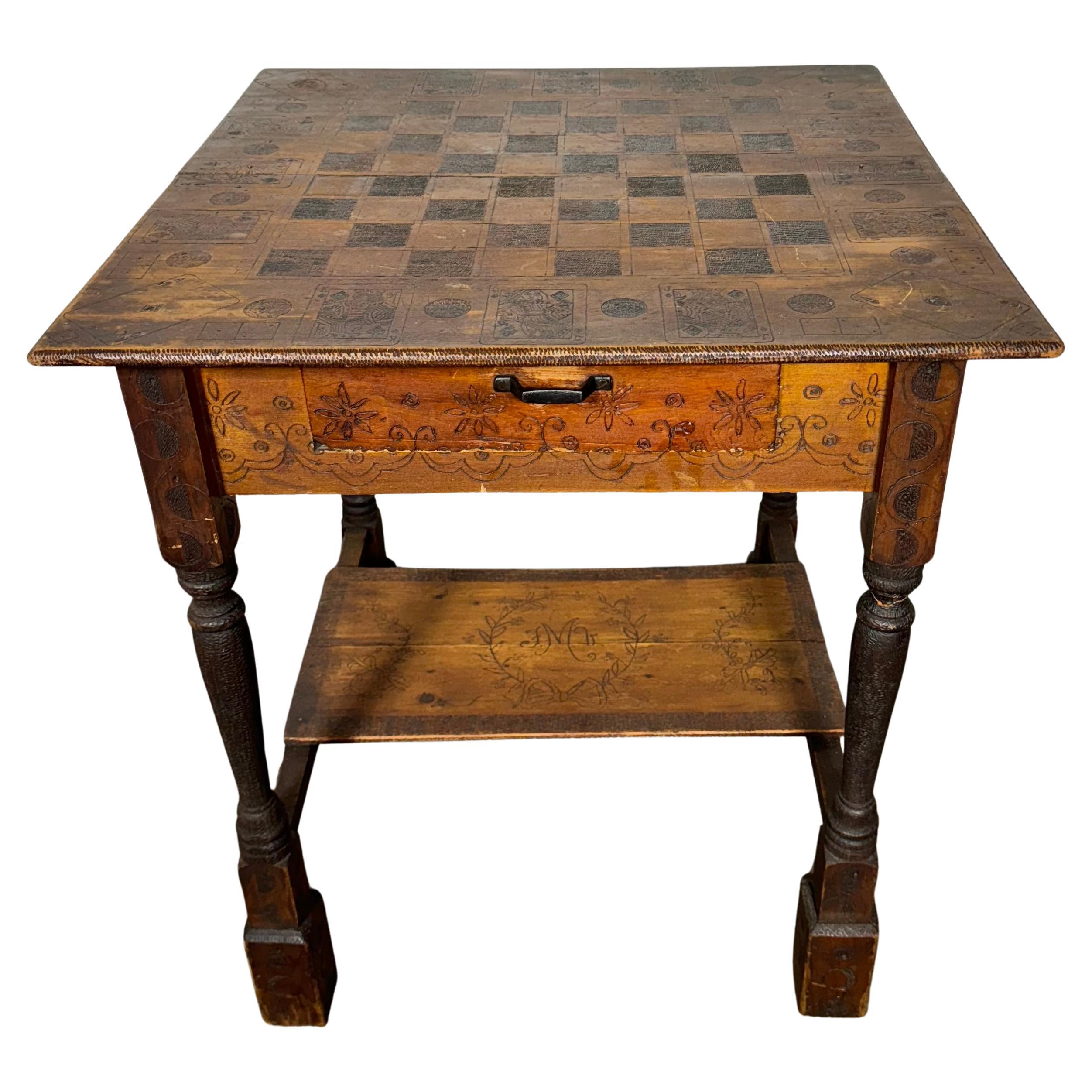 Hand Crafted Primitive/ Folk Art Game Table. Checkers , chess , cards, dice