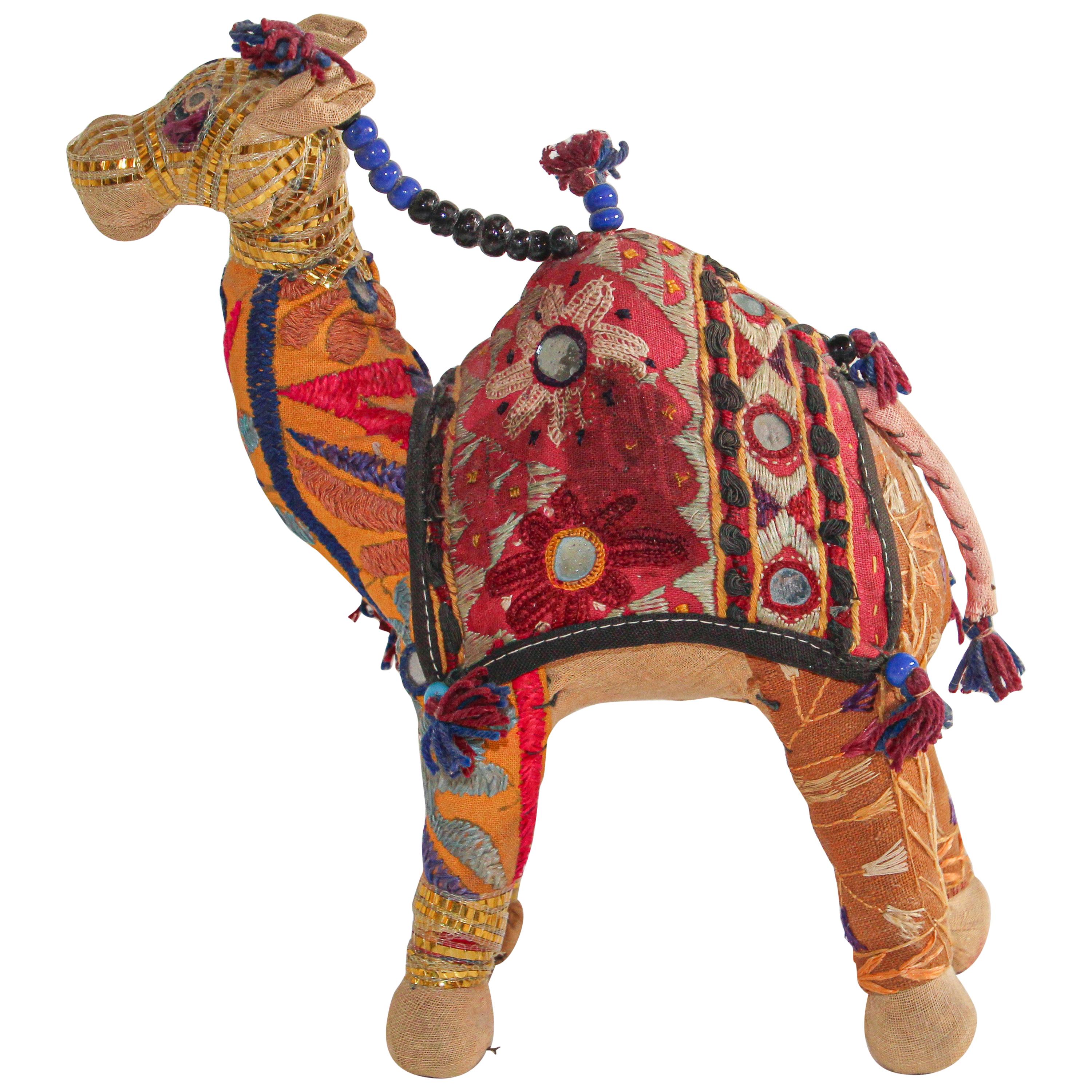 Handcrafted Raj Vintage Stuffed Cotton Embroidered Camel Toy, India, 1950