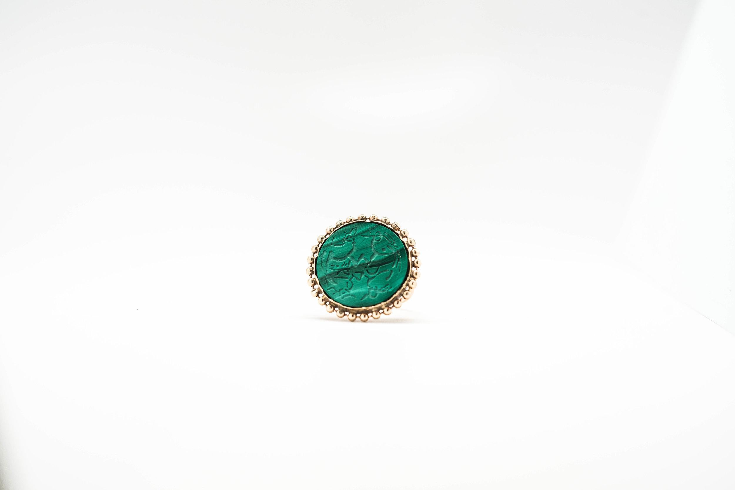 Contemporary Handcrafted Rising Phoenix Malachite 14 Karat Gold Signet Ring by L'Enchanteur For Sale