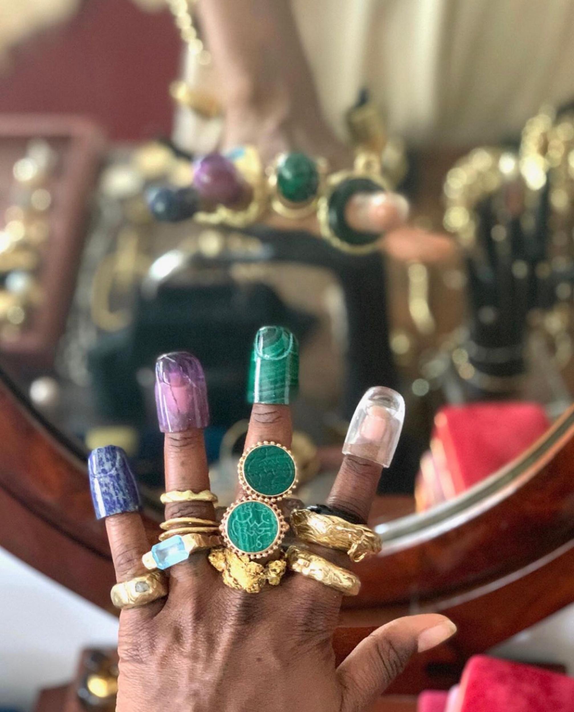 Handcrafted Rising Phoenix Malachite 14 Karat Gold Signet Ring by L'Enchanteur In New Condition For Sale In Brooklyn, NY