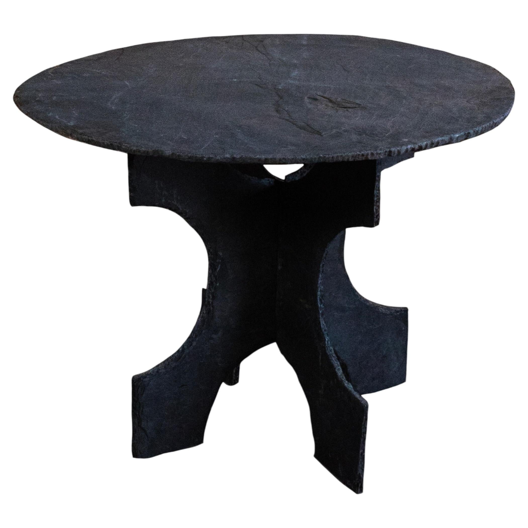 Hand-crafted "Anjou Noir" Slate Round Table, Primitive French, Made in France.
