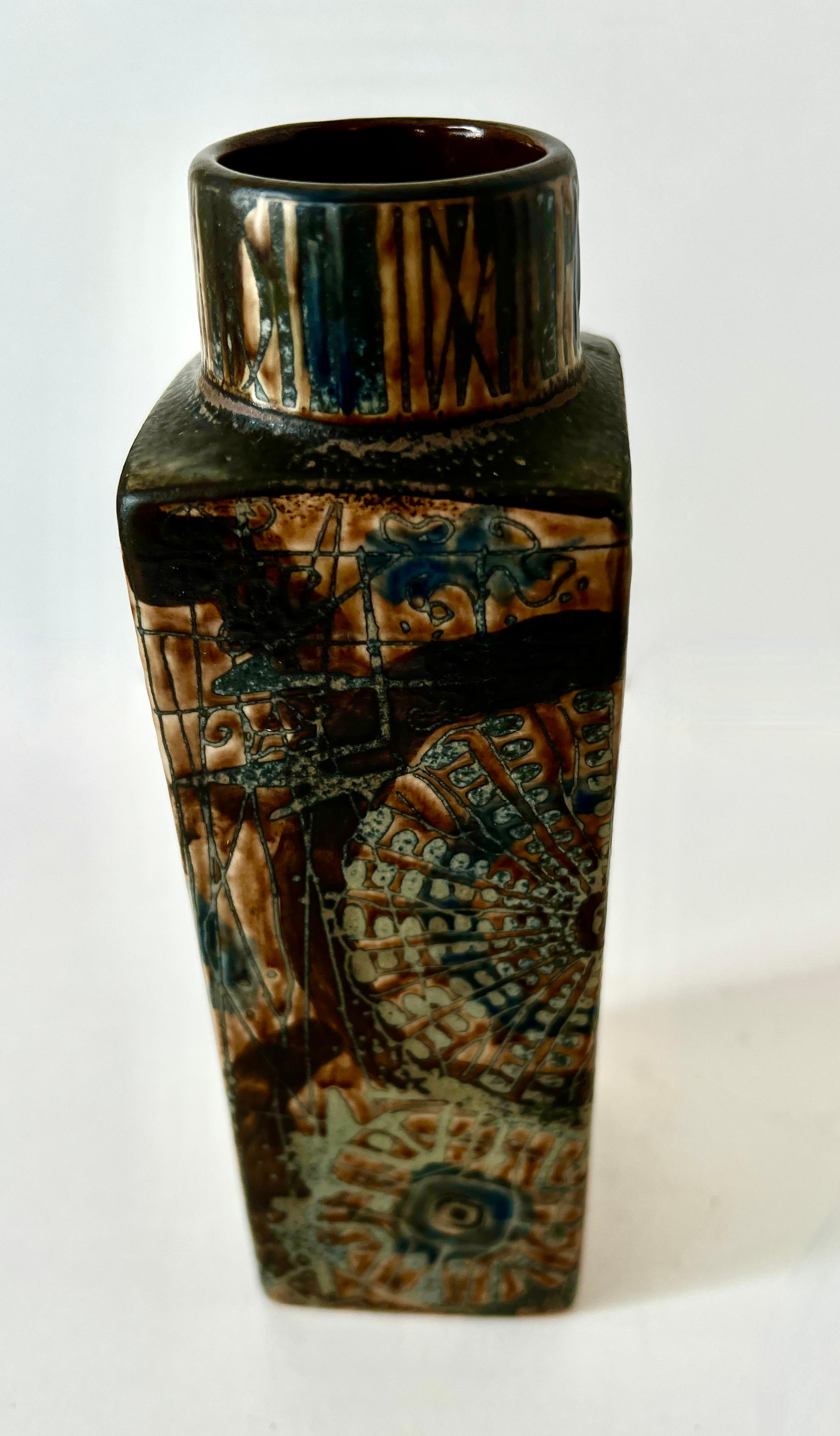Patinated Hand Crafted Royal Copenhagen Pottery Vase with Sunbursts For Sale