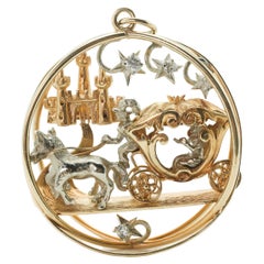 Hand Crafted Royal Princess Horse and Carriage 14 Karat Gold and Diamond Pendant