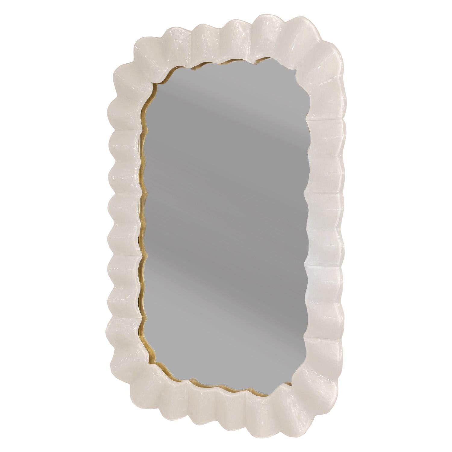 Modern Hand-Crafted Ruffled Murano Lattimo Glass Framed Mirror For Sale