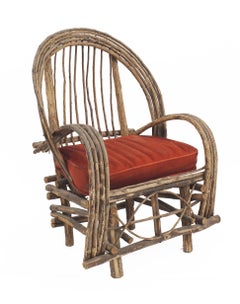 Hand-Crafted Rustic Adirondack Armchair with Red Cushion, 20th Century