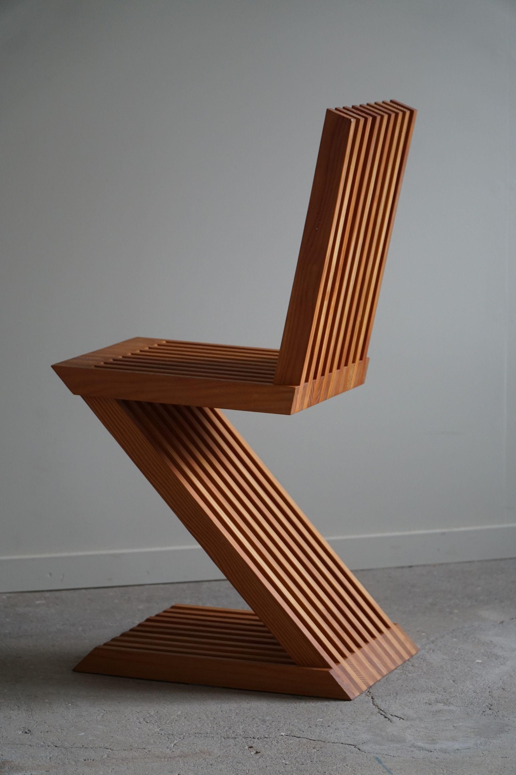 Handcrafted Sculptural Zig Zag Chair Made in Solid Pine, Scandinavian Modern For Sale 10