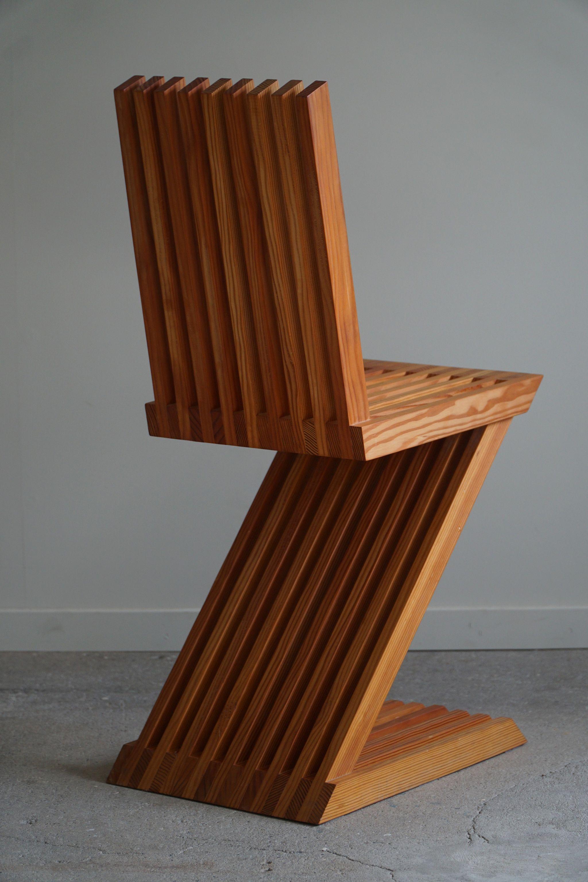 Handcrafted Sculptural Zig Zag Chair Made in Solid Pine, Scandinavian Modern For Sale 11