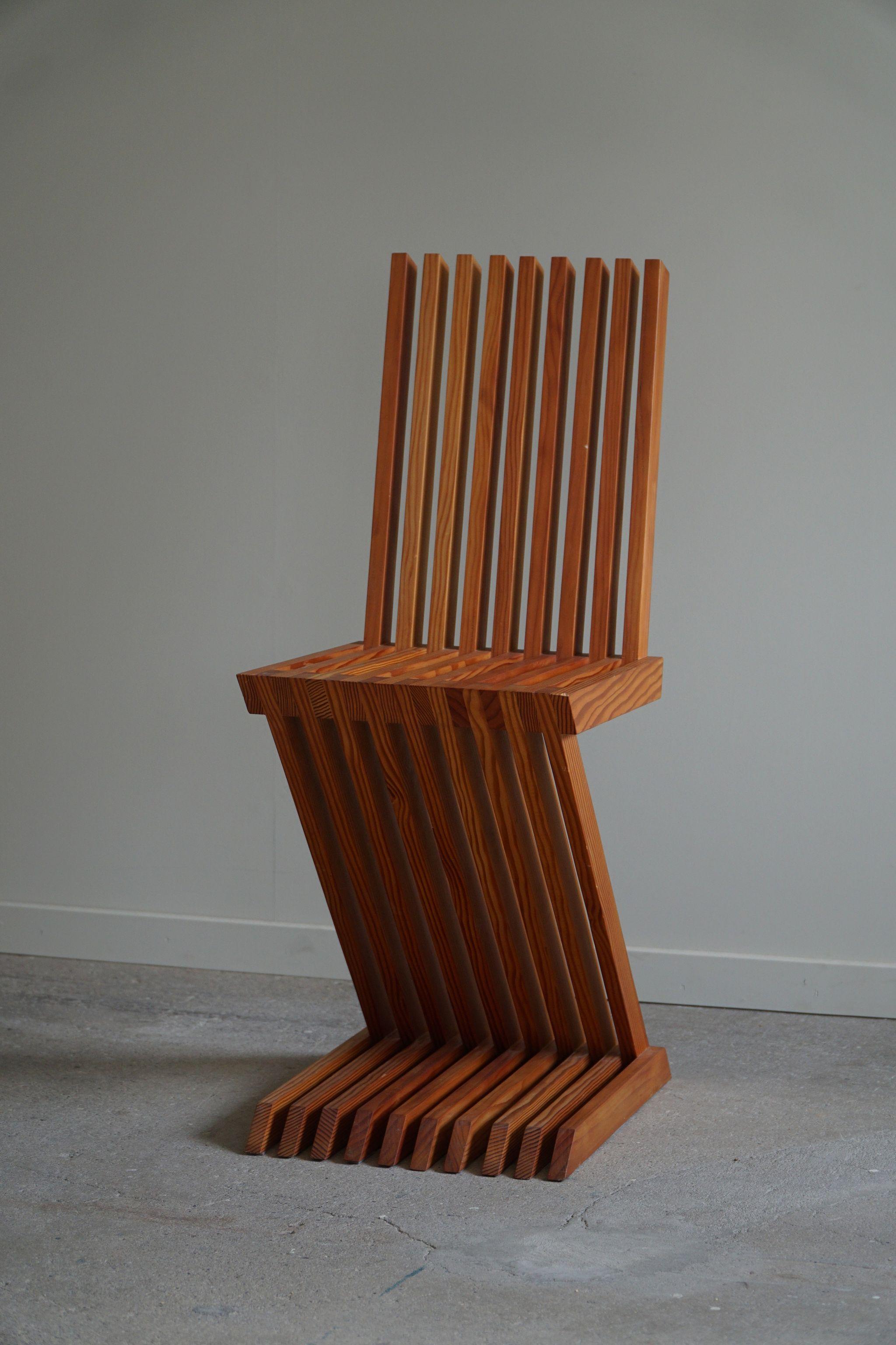 Handcrafted Sculptural Zig Zag Chair Made in Solid Pine, Scandinavian Modern For Sale 13