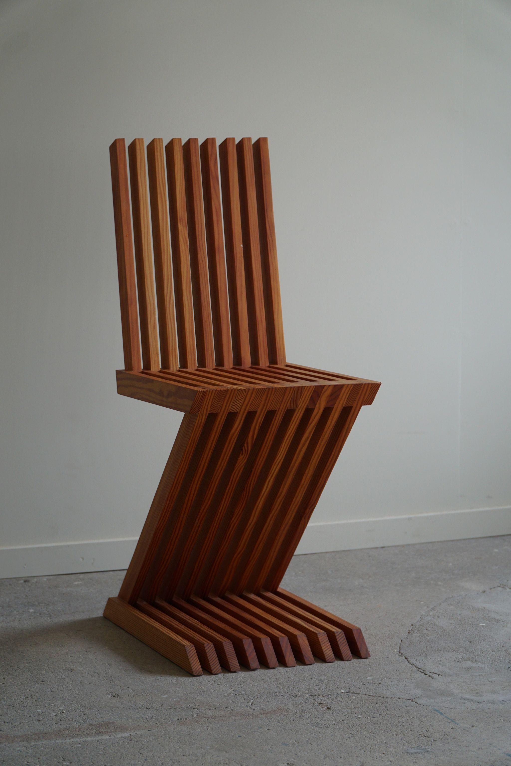 Handcrafted Sculptural Zig Zag Chair Made in Solid Pine, Scandinavian Modern For Sale 14
