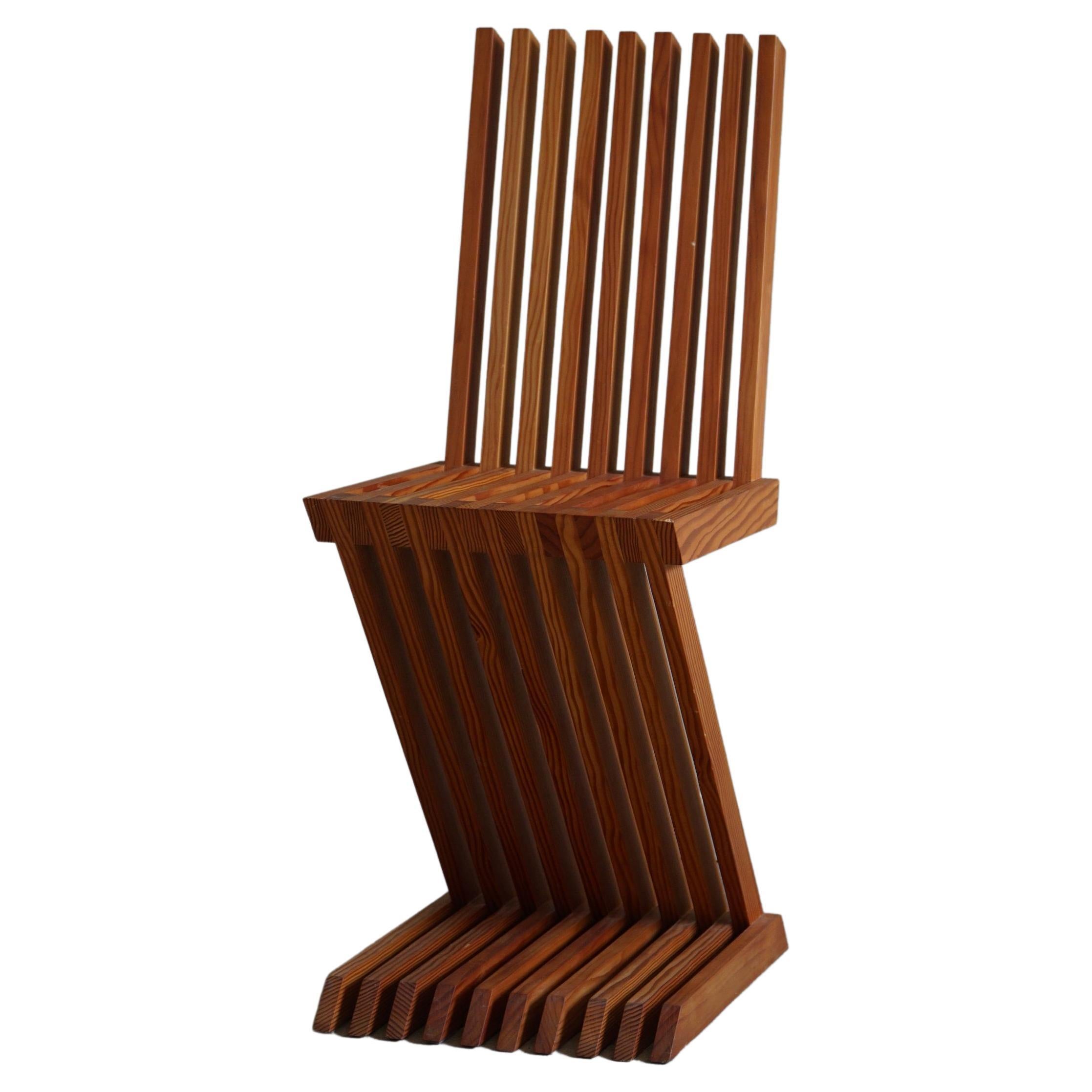 Handcrafted Sculptural Zig Zag Chair Made in Solid Pine, Scandinavian Modern For Sale