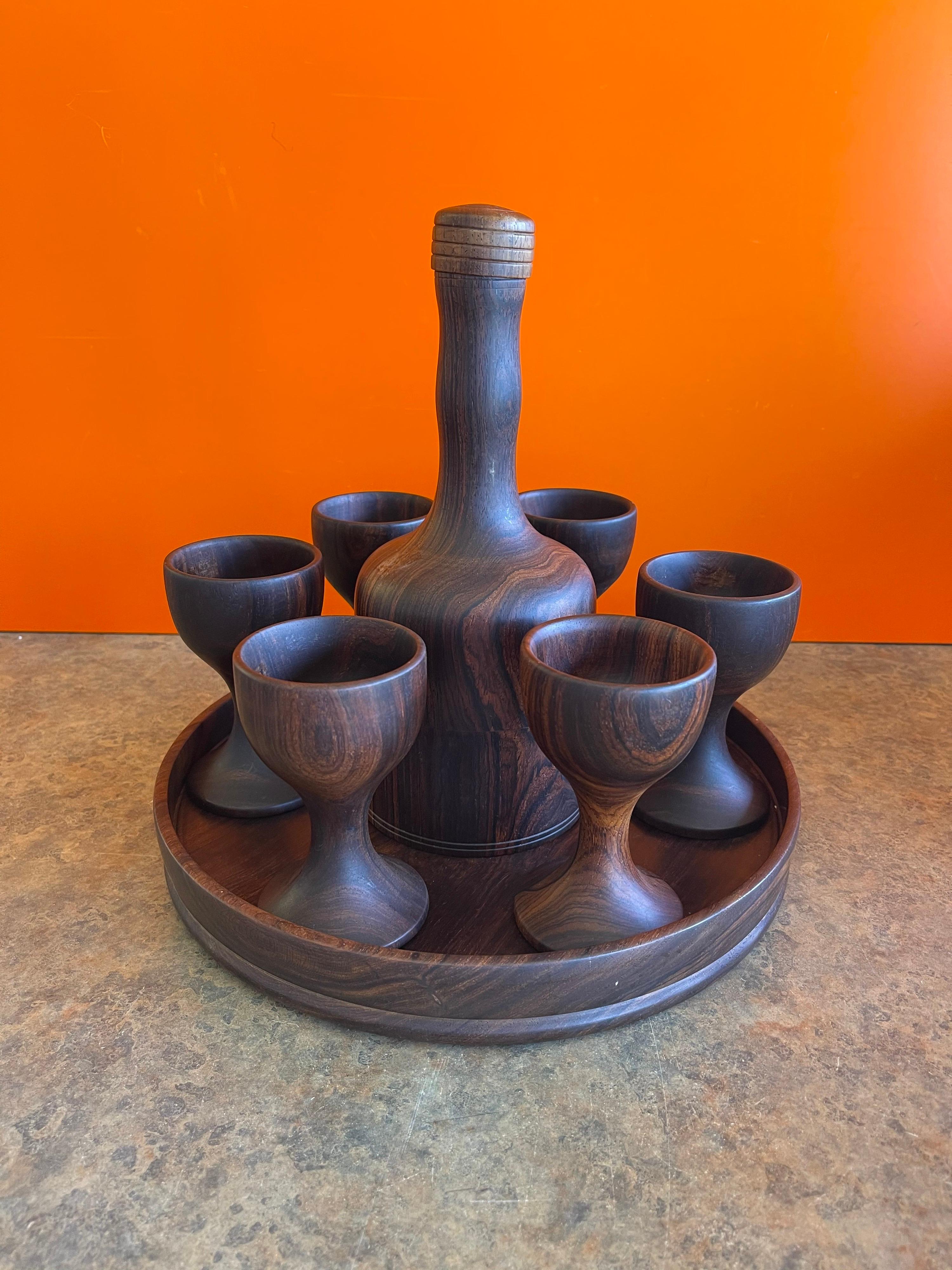 Hand Crafted Serving Tray, Decanter and Eight Cups in Dark Walnut For Sale 5