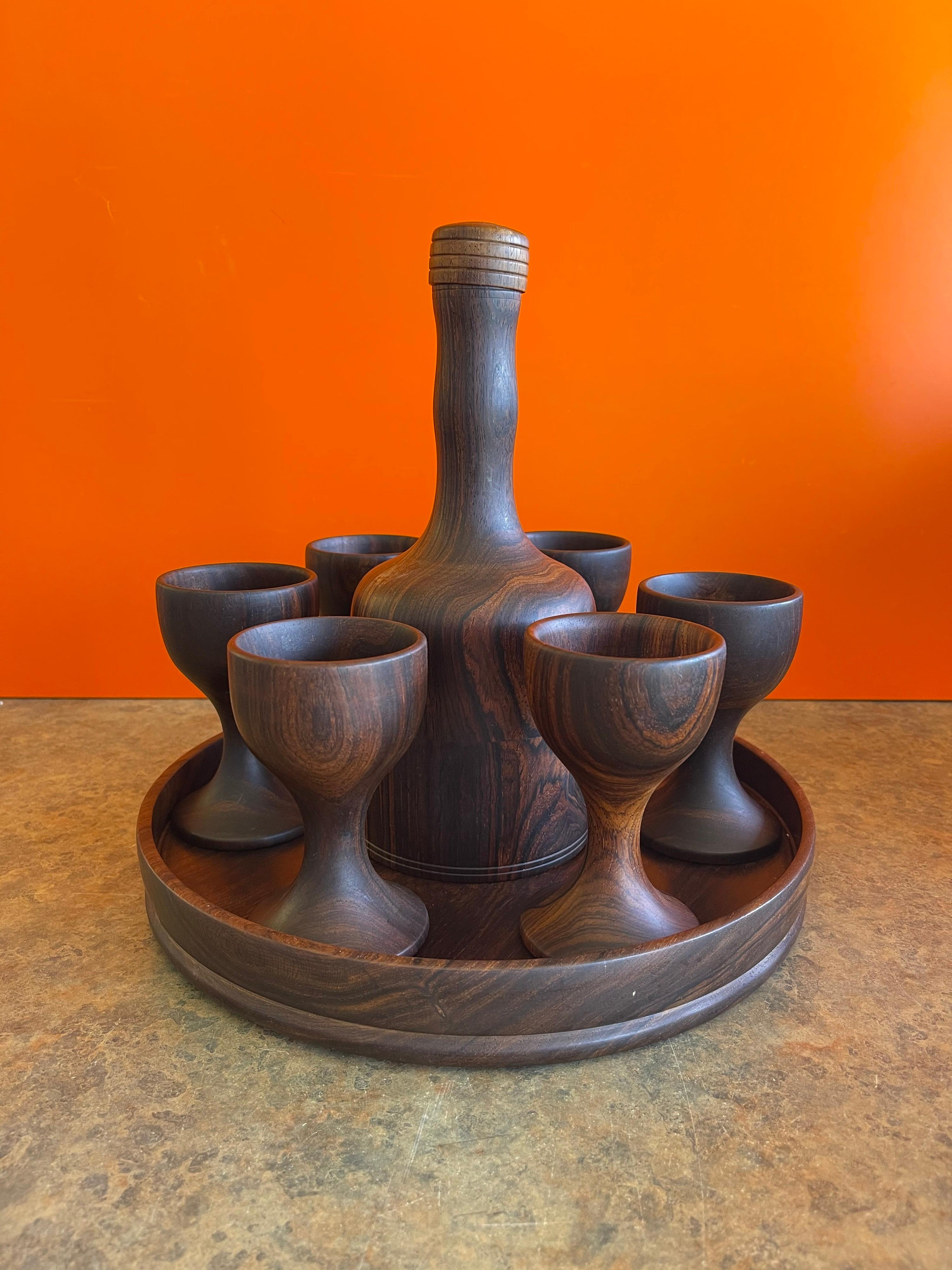 Gorgeous hand crafted serving tray, decanter and eight cups in walnut signed 