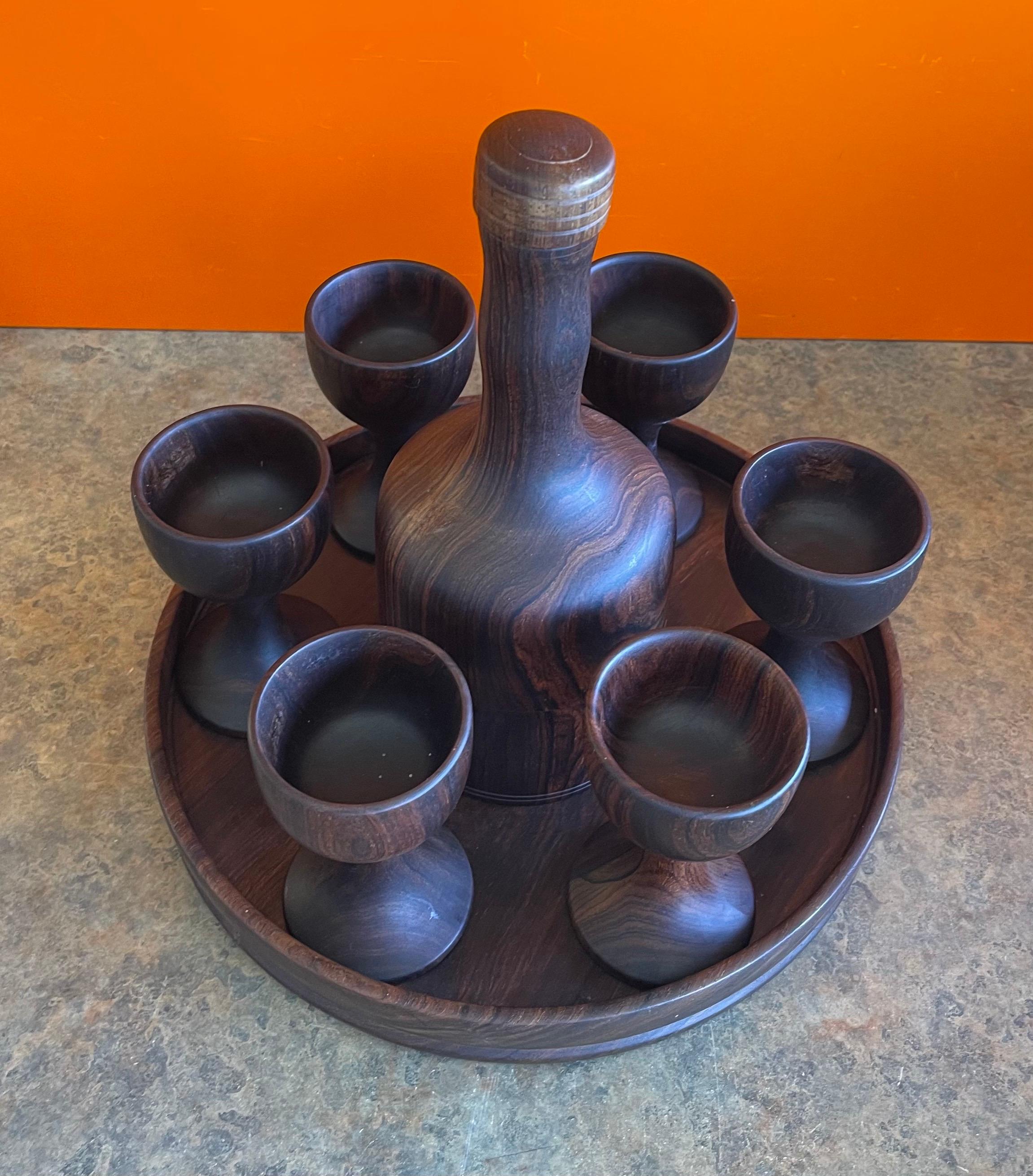 Mid-Century Modern Hand Crafted Serving Tray, Decanter and Eight Cups in Dark Walnut For Sale