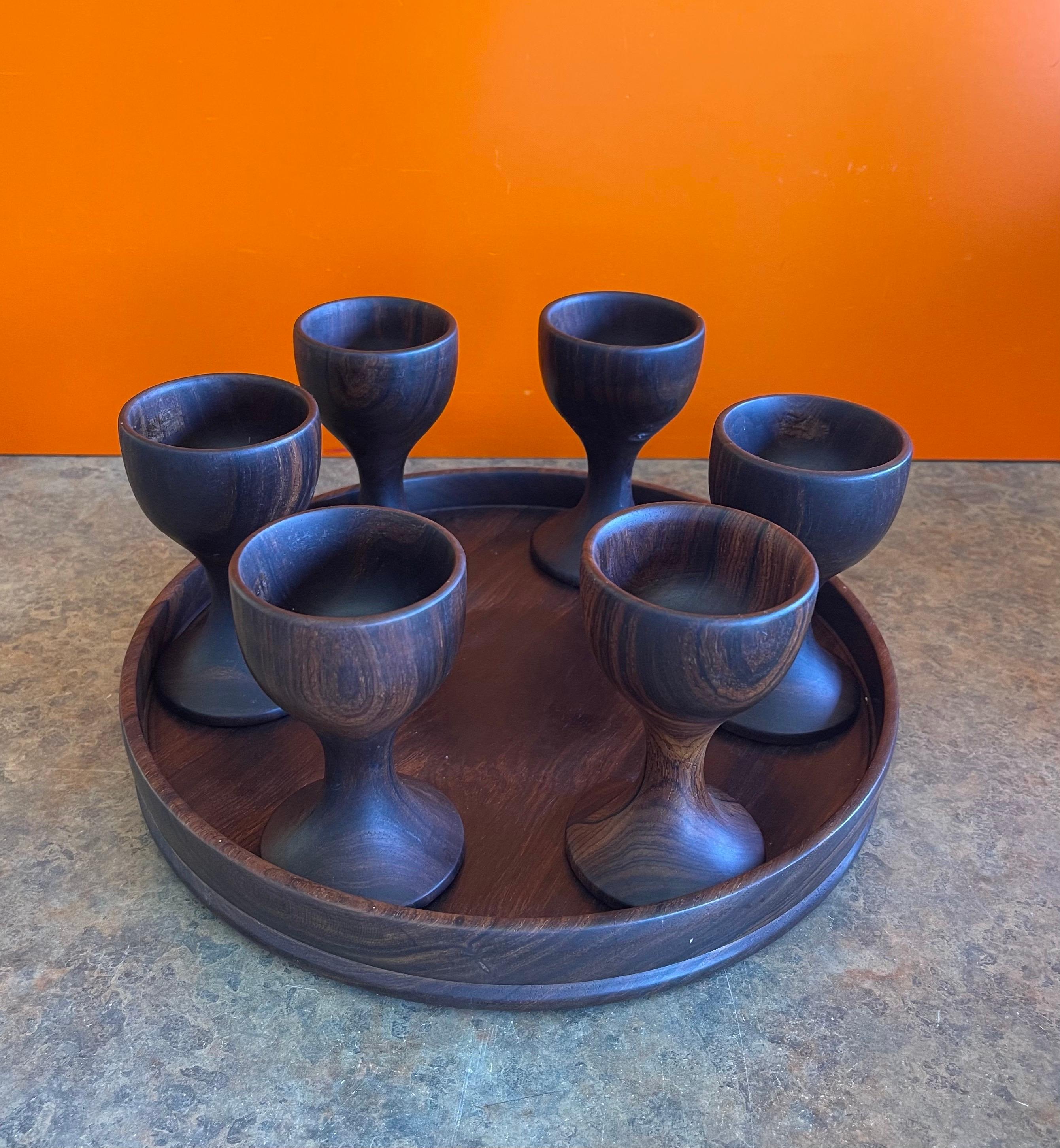 American Hand Crafted Serving Tray, Decanter and Eight Cups in Dark Walnut For Sale