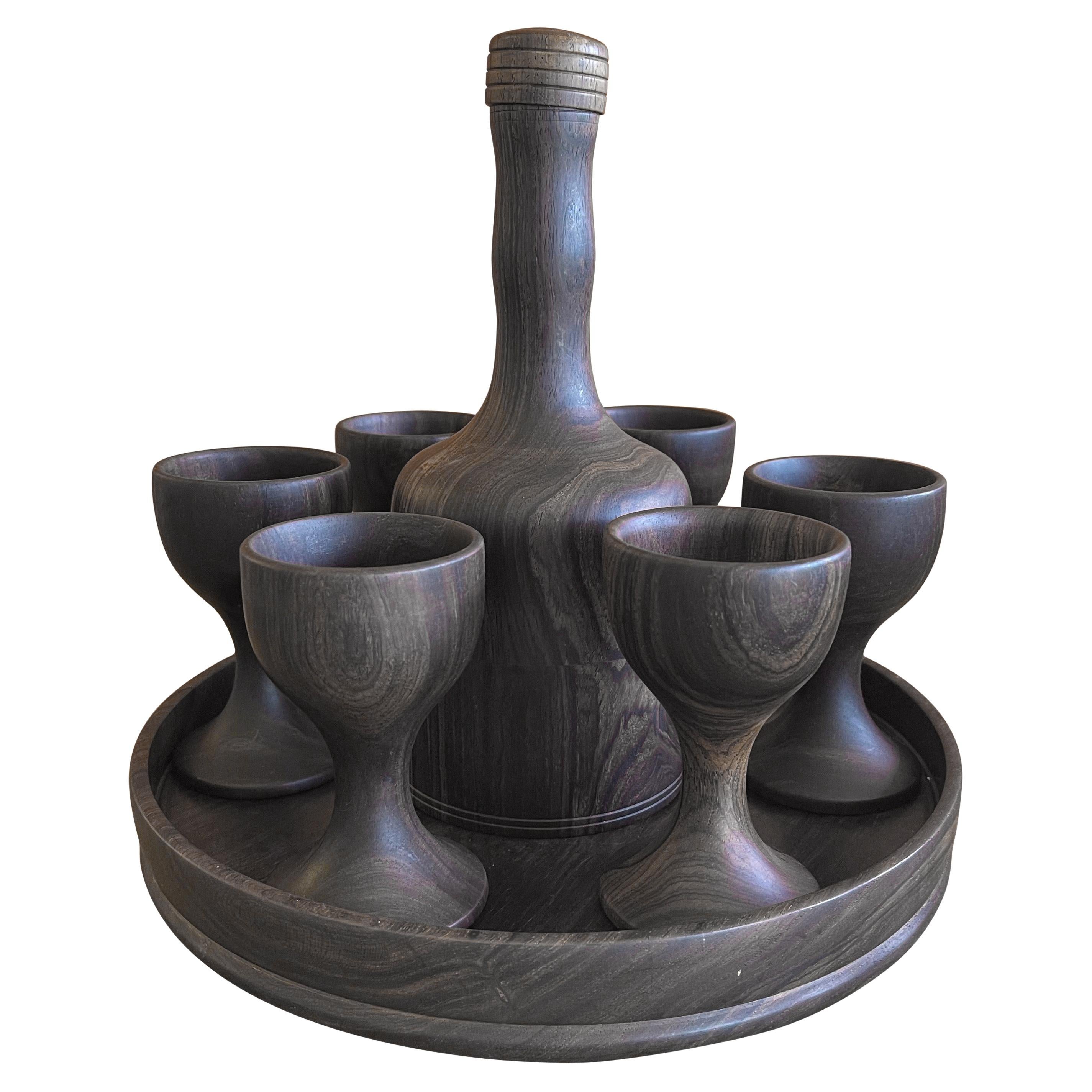 Hand Crafted Serving Tray, Decanter and Eight Cups in Dark Walnut For Sale