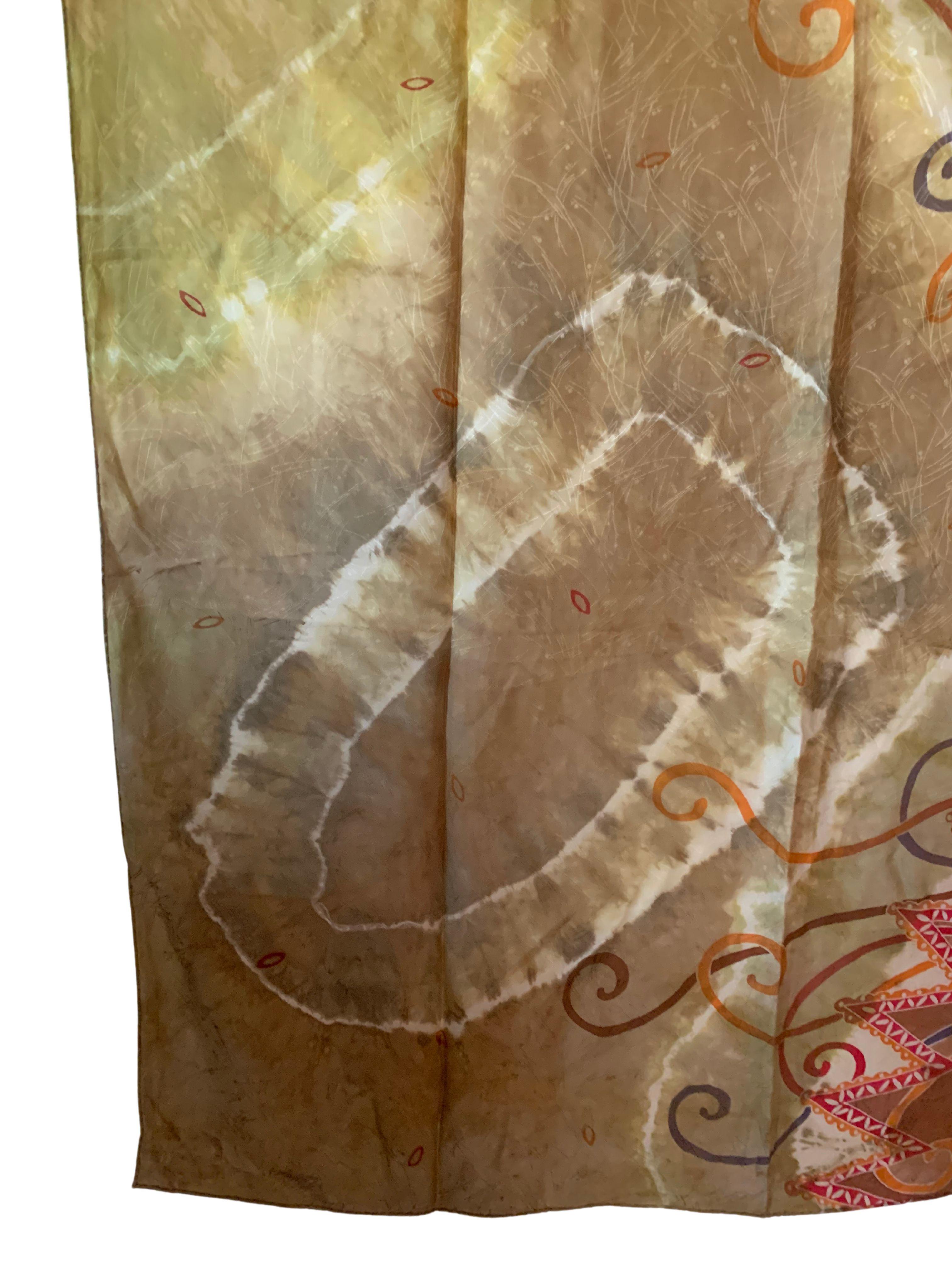 A wonderful hand-crafted shantung silk textile from Malaysia with stunning detailing and shades. Shantung silk is a medium-weight, plain-weave silk fabric which is woven from irregular threads and so has a rough texture. A wonderful decorative