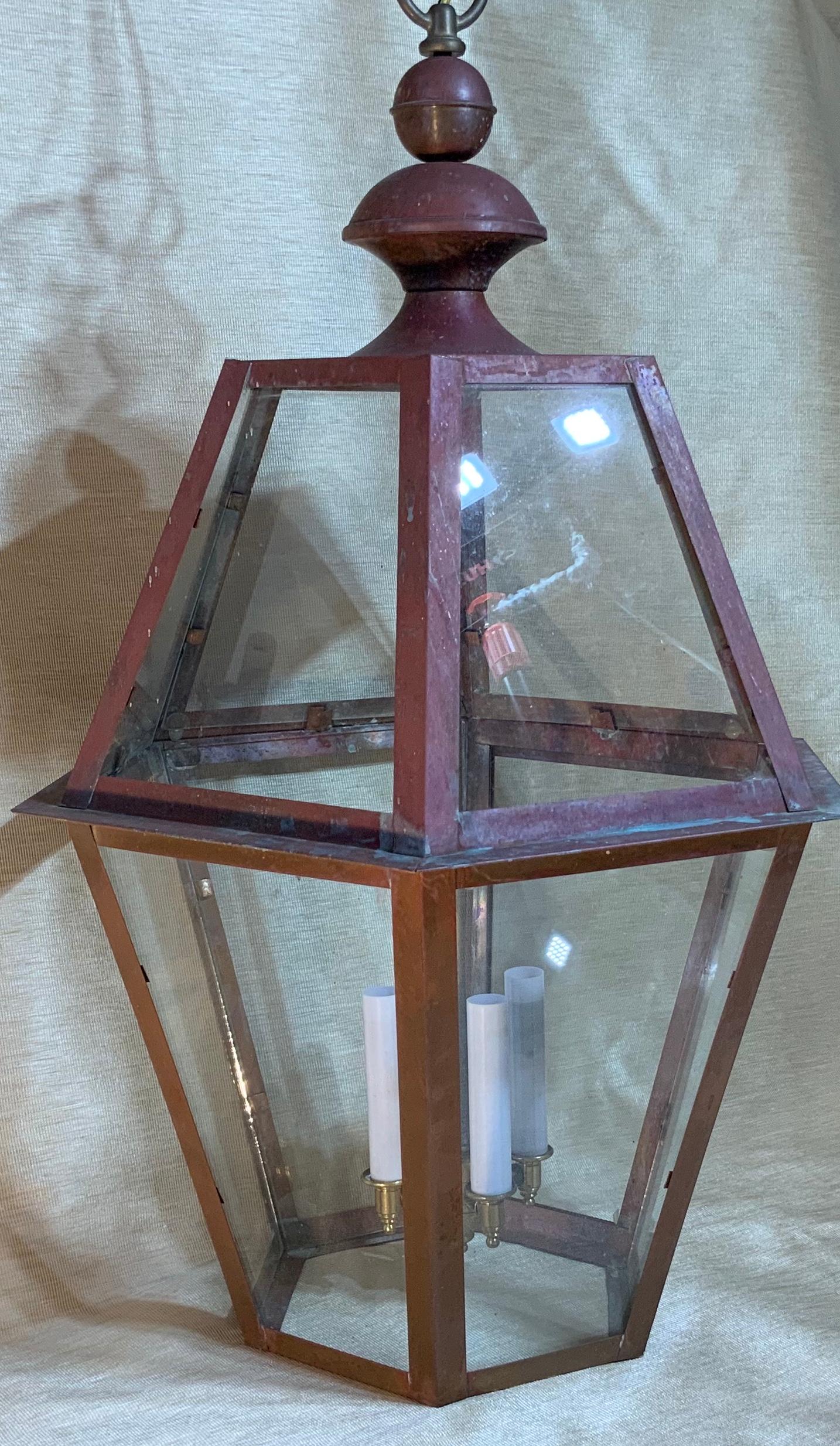Exceptional six side hanging lantern made of handcrafted solid copper. Brass stem with four 60/watt lights, suitable for wet location
Up to US code UL approved, great look indoor outdoor. Copper canopy and chain included.