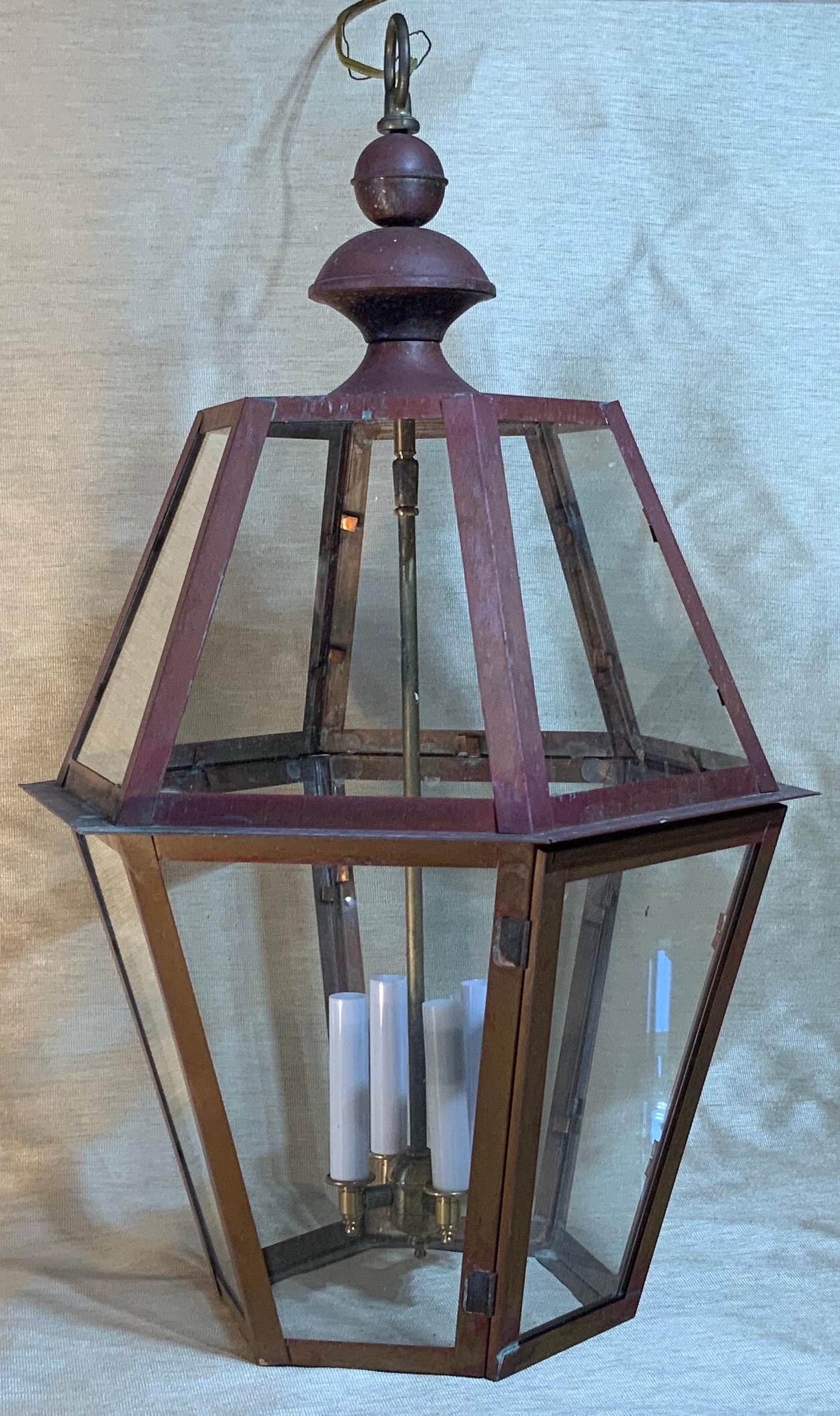 Handcrafted Six Side Hanging Copper Lantern In Good Condition In Delray Beach, FL