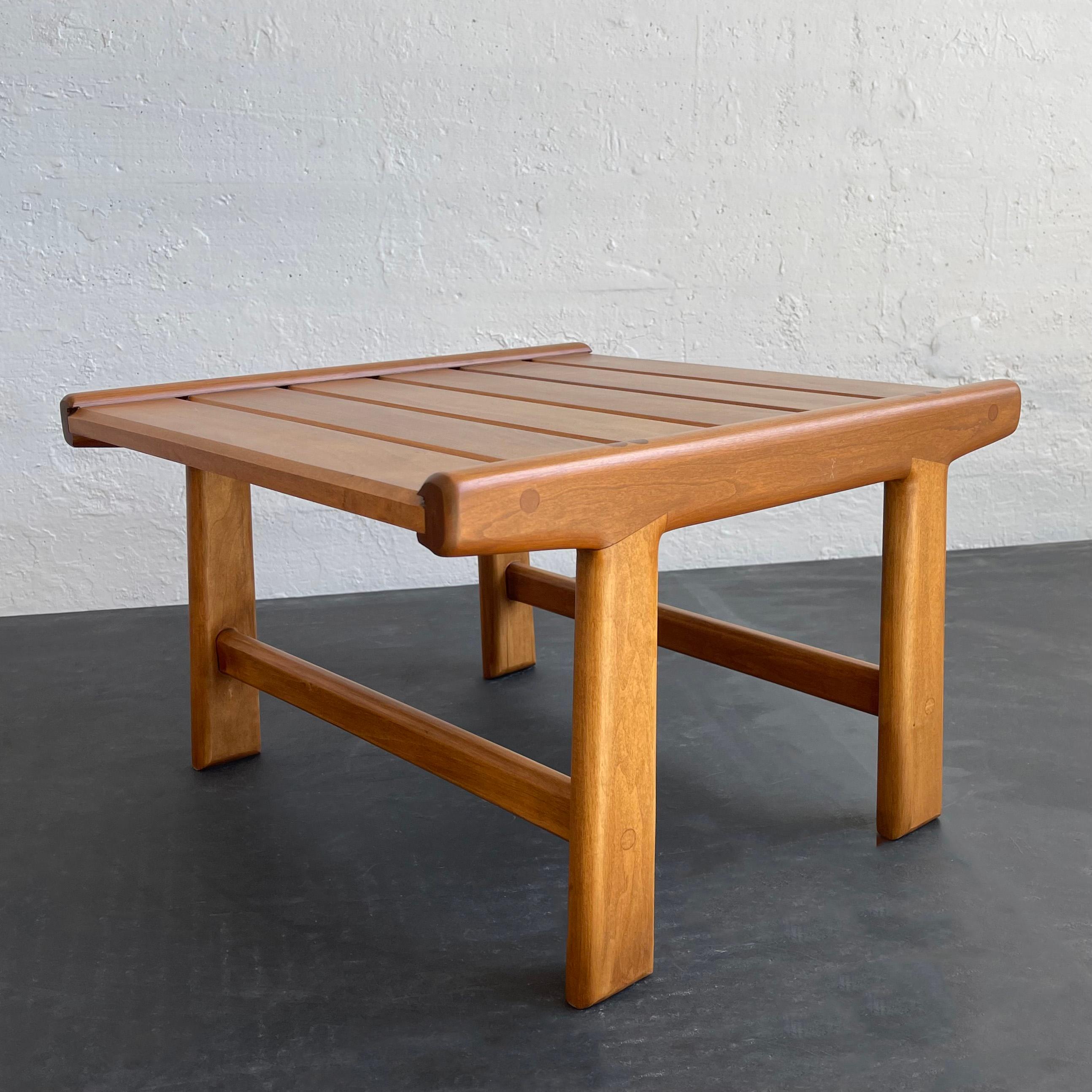 Mid-century modern, Scandinavian influenced, hand-crafted, slat elm wood foot stool / ottoman with clean lines and exposed dowl joinery can be used as a small low side table or as a low stool. 