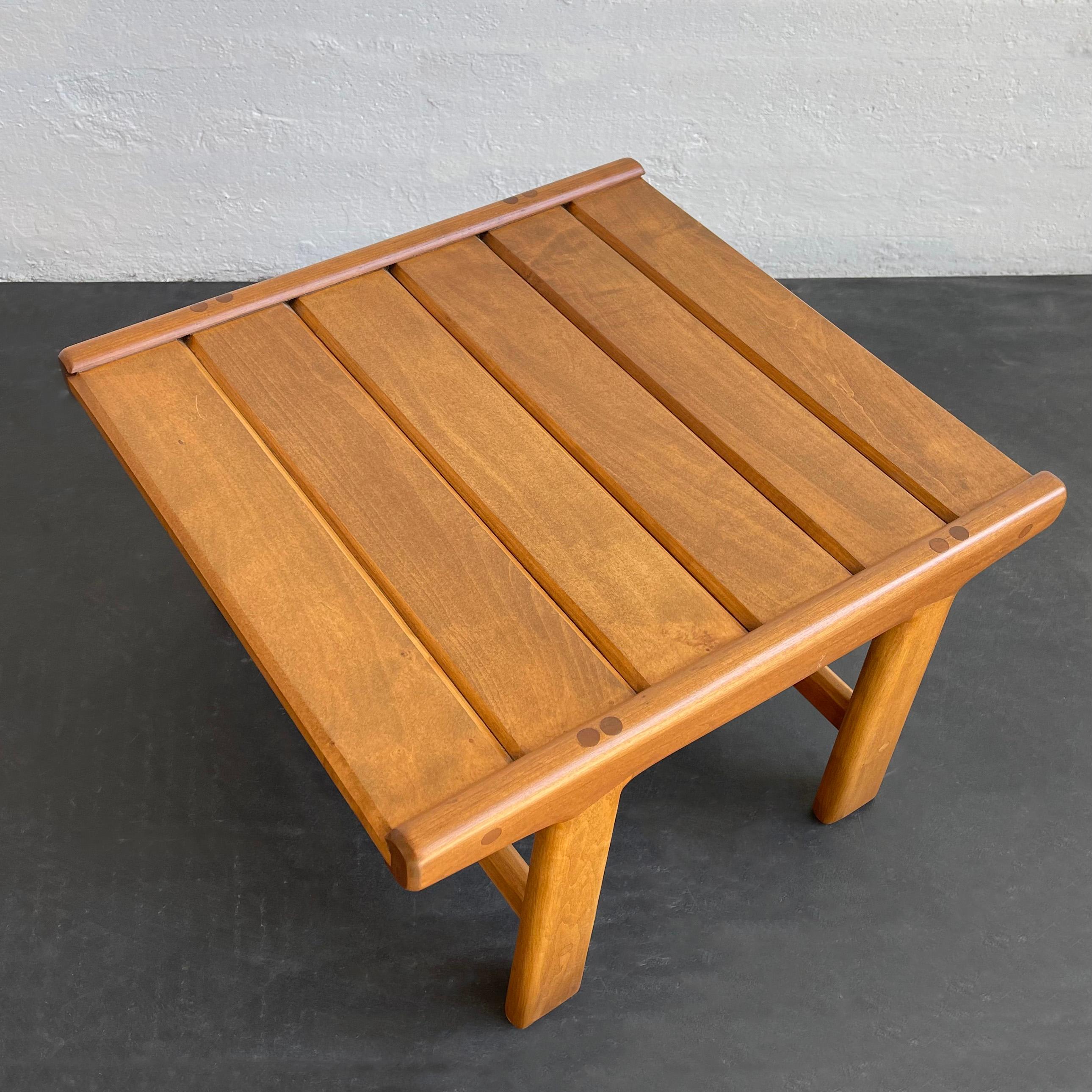 Hand Crafted Slat Elm Wood Side Table Ottoman For Sale 2