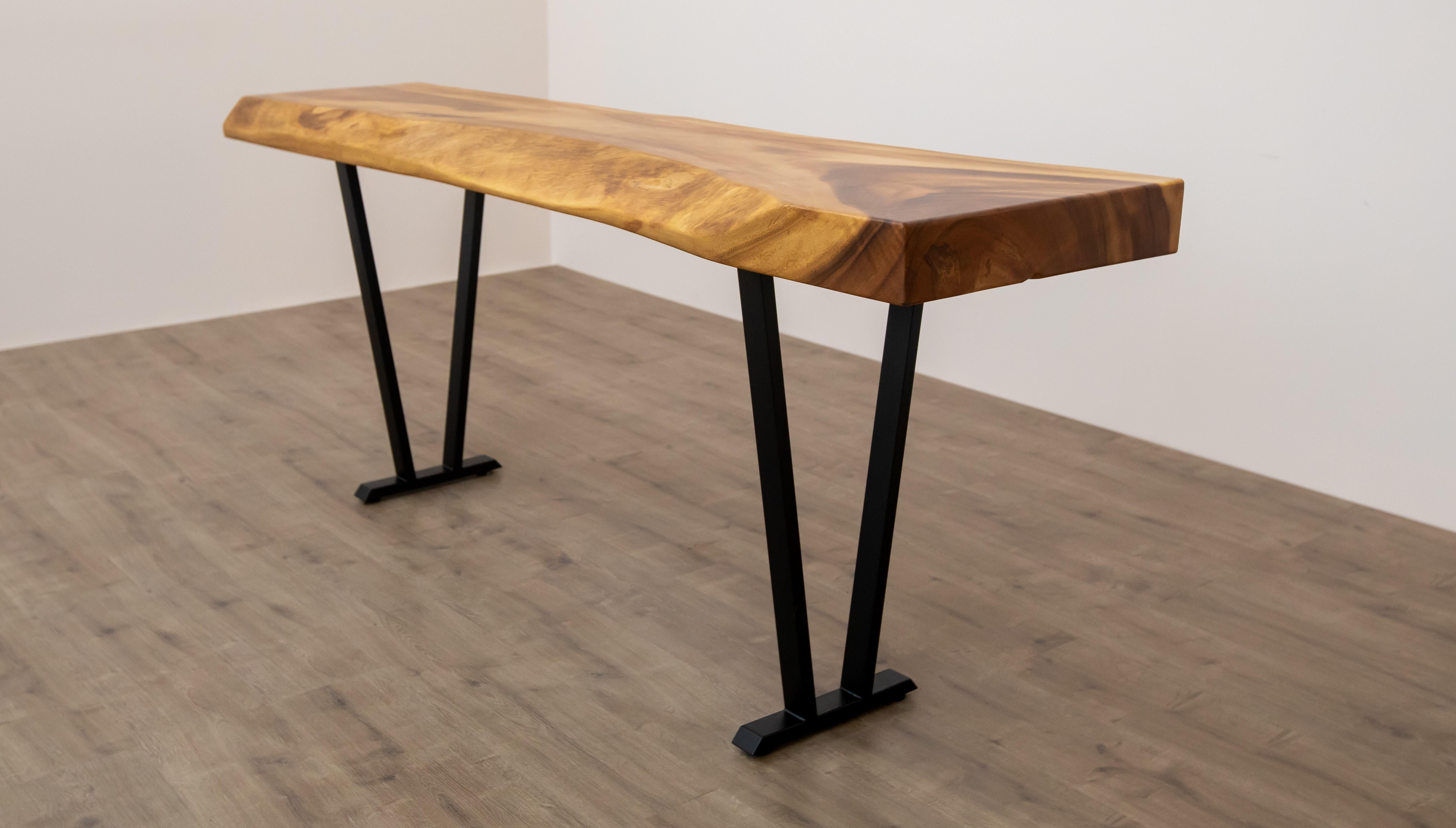 Thai Hand Crafted Solid Acacia Live Edge Console on Metal Legs For Sale