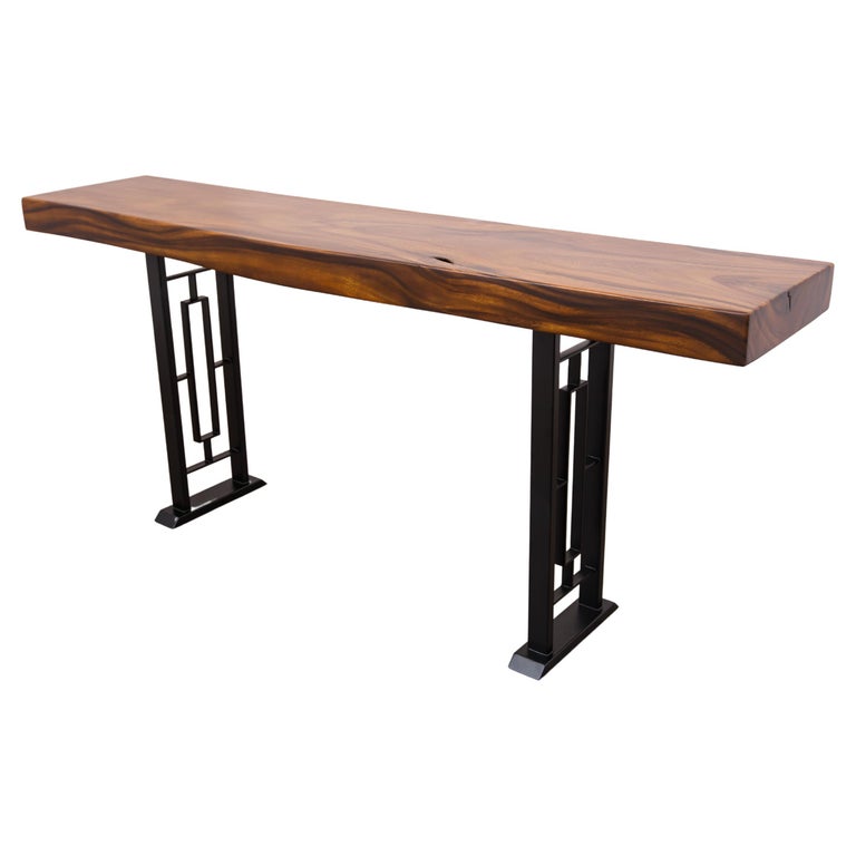 Handcrafted Solid Acacia Live Edge Console on Metal Legs For Sale at
