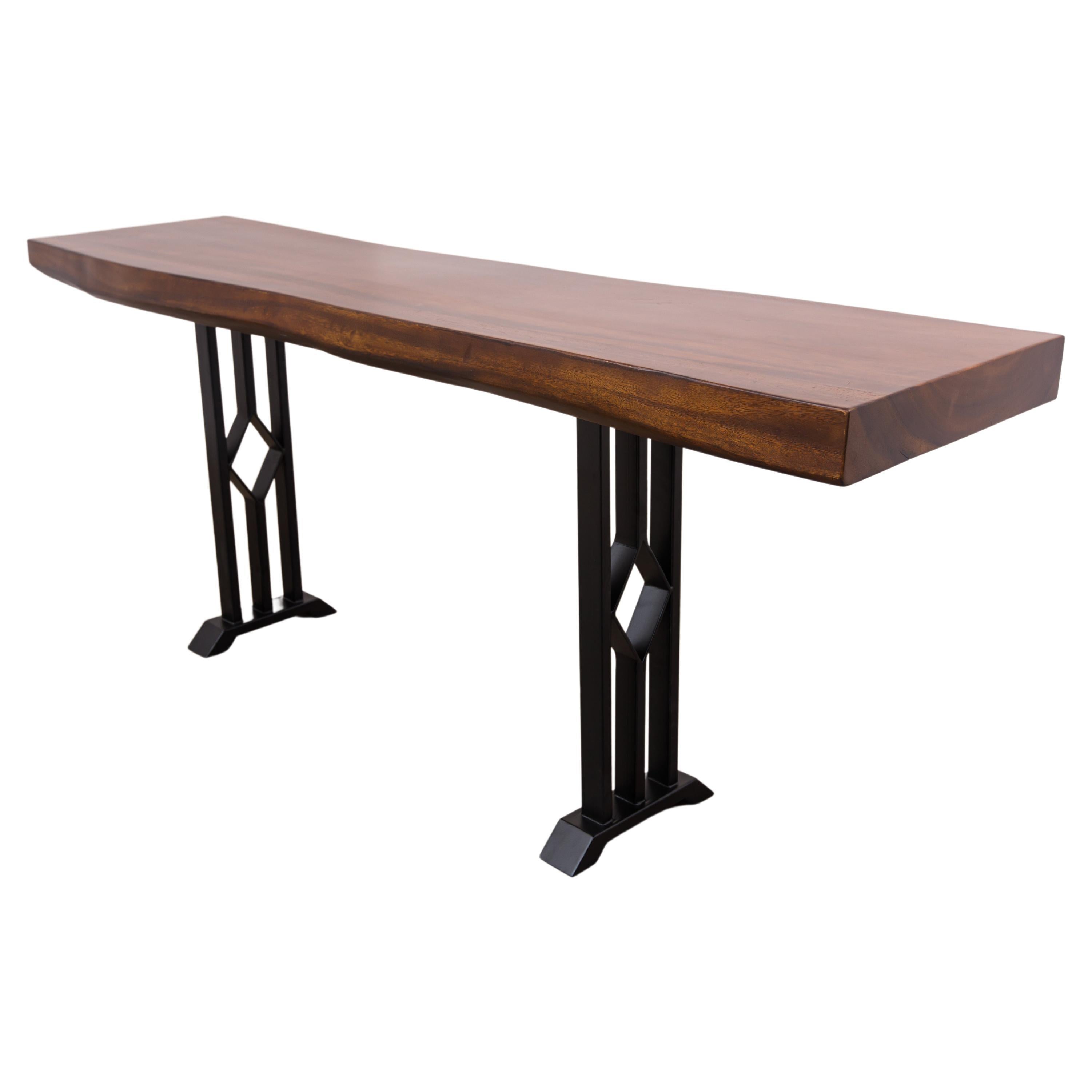 handcrafted Solid Acacia Live Edge Console on Metal Legs For Sale