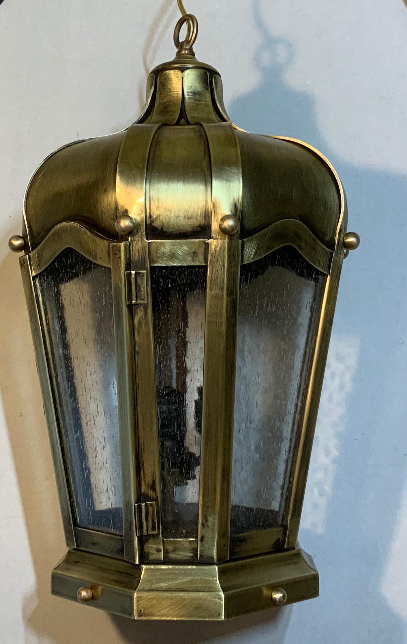 American Handcrafted Solid Brass Hanging Lantern For Sale