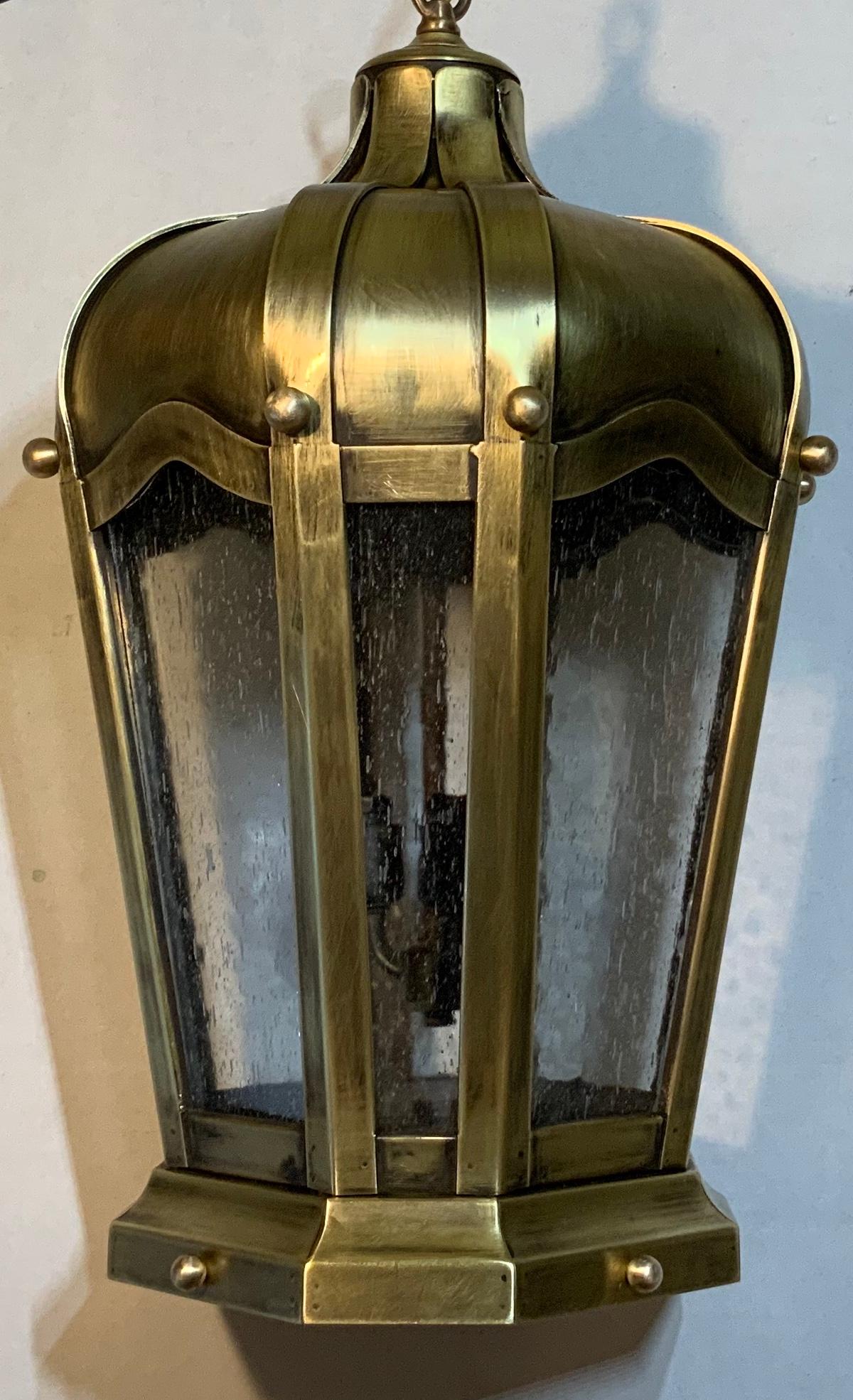 Handcrafted Solid Brass Hanging Lantern In Good Condition For Sale In Delray Beach, FL