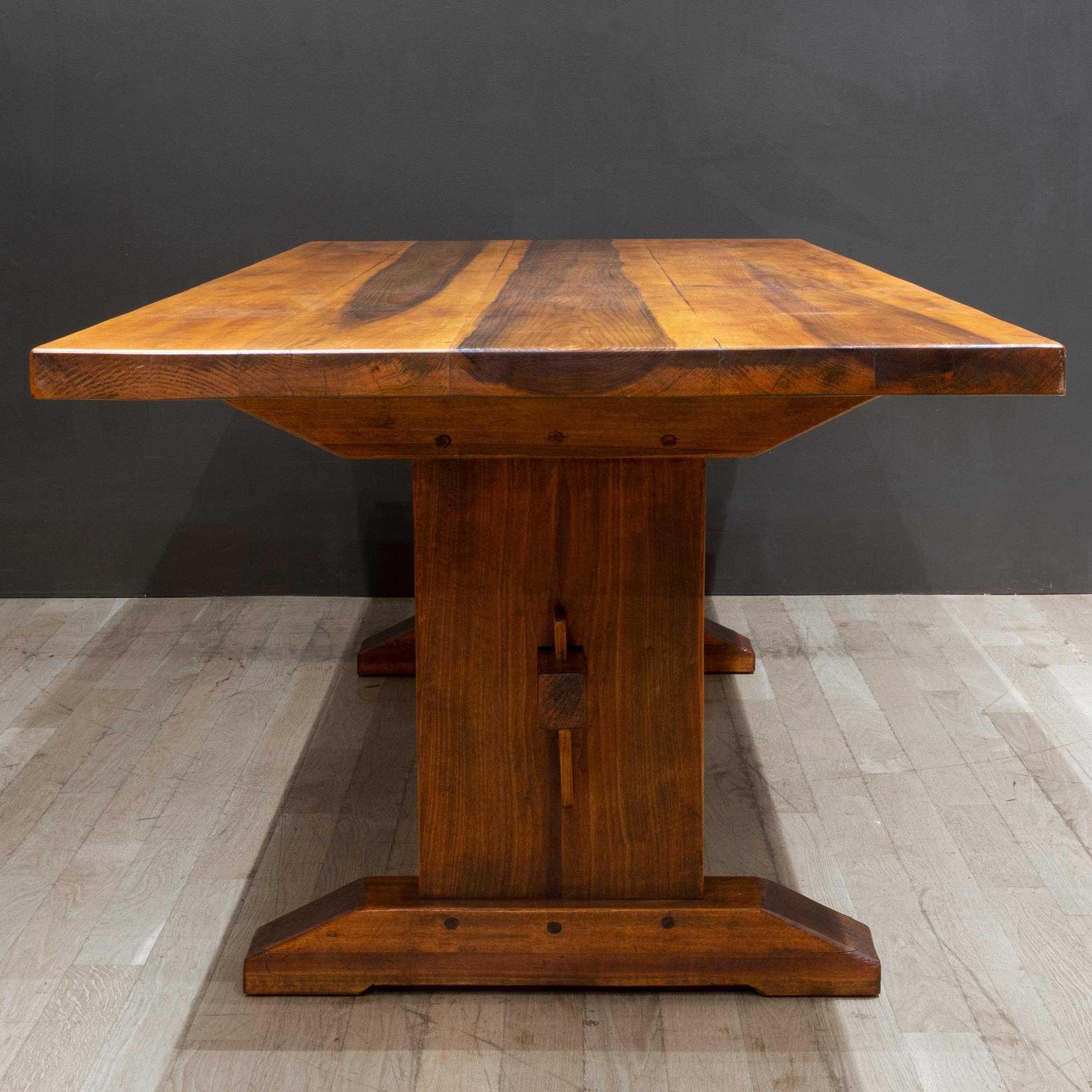 American Hand Crafted Solid Douglas Fir Trestle Dining Table c.1972-Signed For Sale