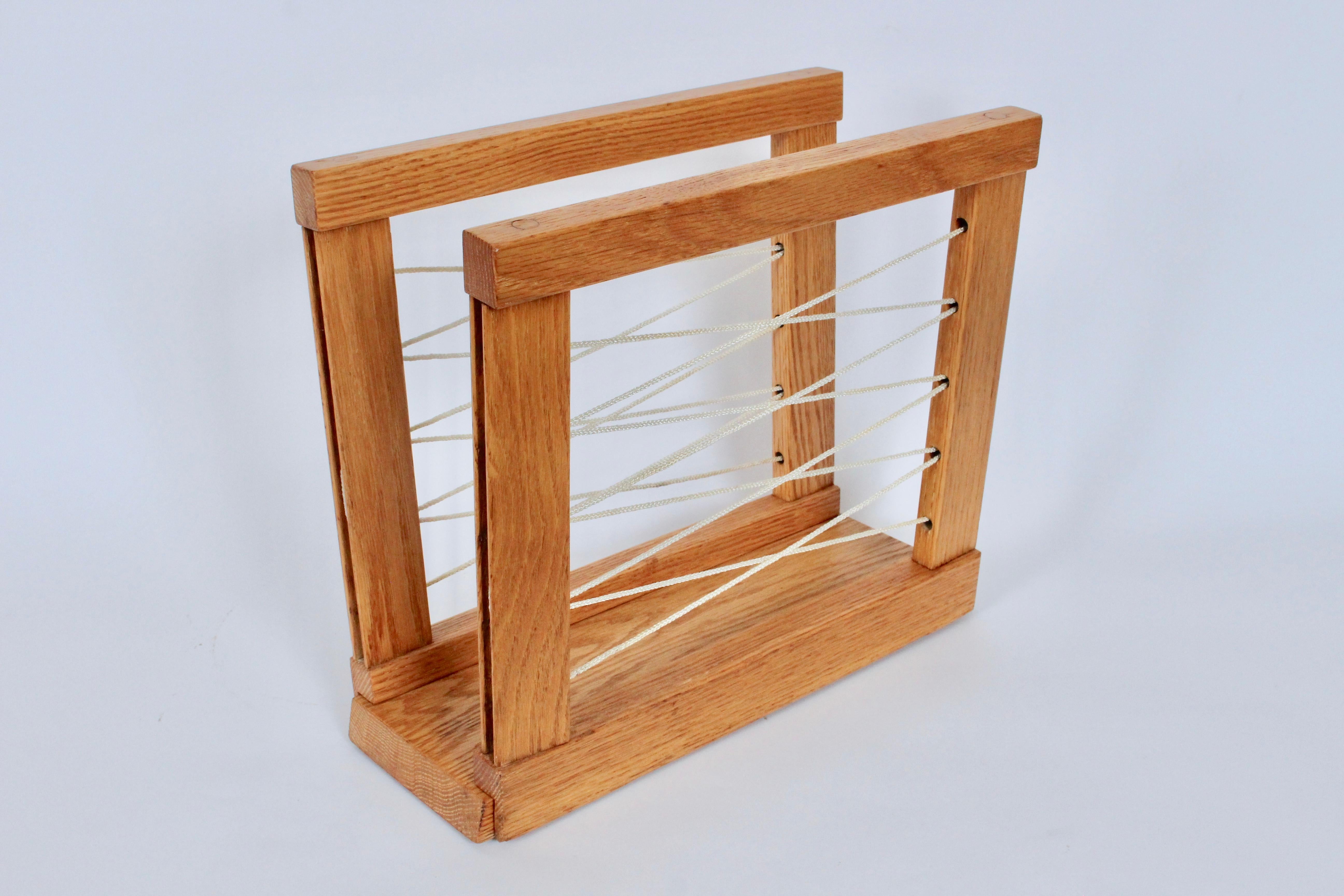 Hand crafted Solid Oak and Cord Magazine Rack, circa 1950 For Sale 8