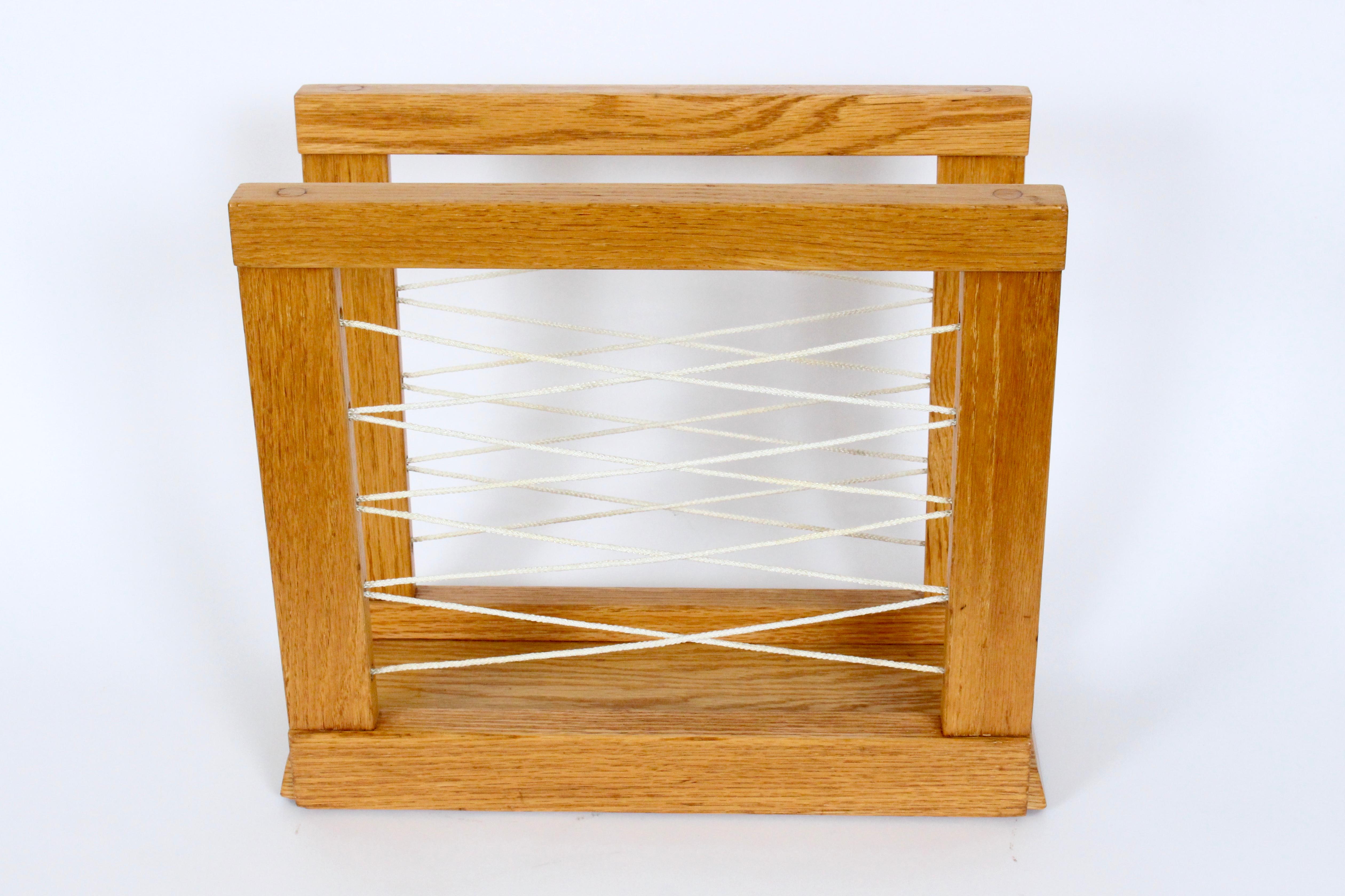 Art Deco Handcrafted Solid Oak and Cord Magazine Rack, circa 1950 For Sale