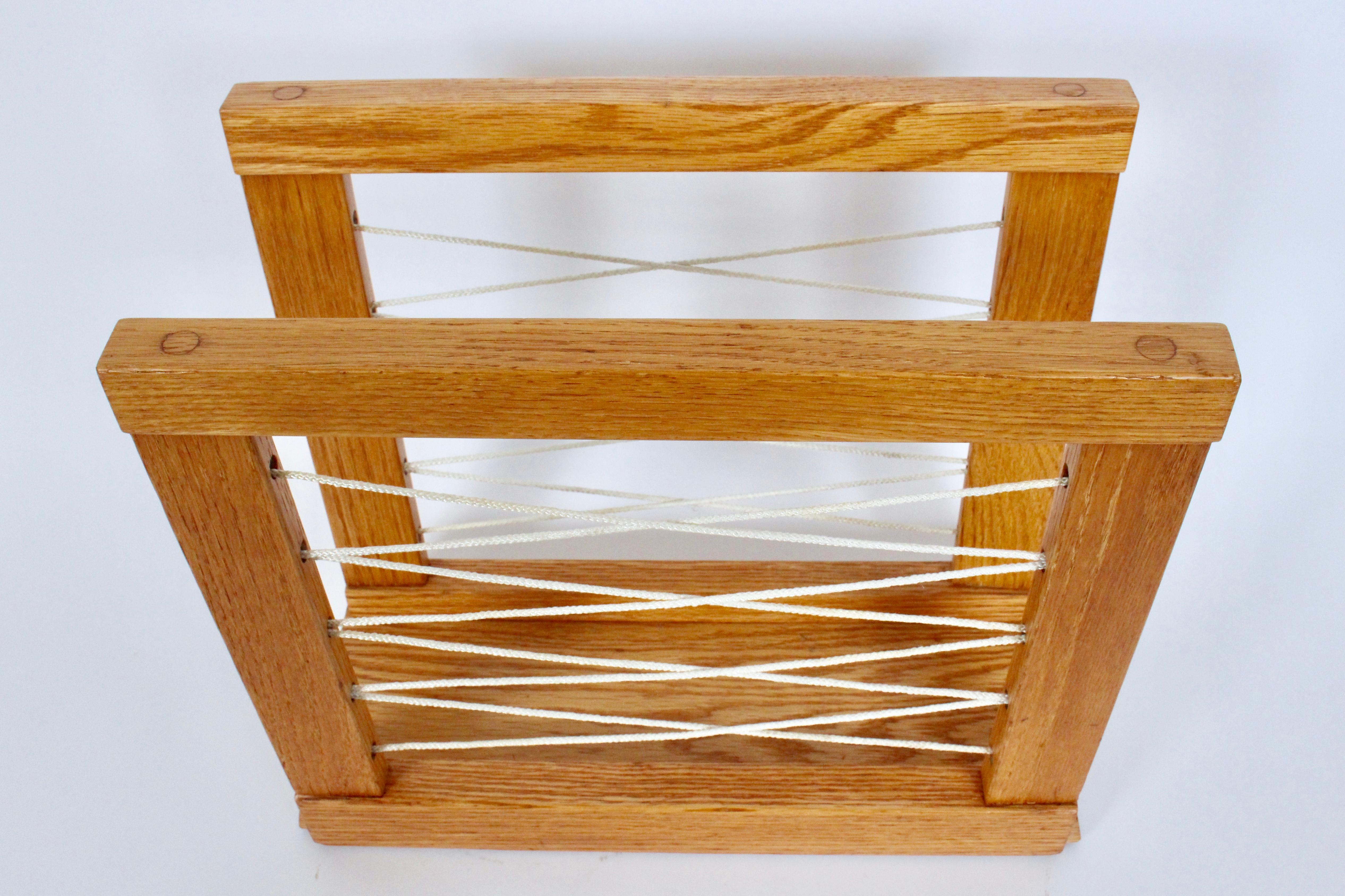 Hand crafted Solid Oak and Cord Magazine Rack, circa 1950 In Good Condition For Sale In Bainbridge, NY