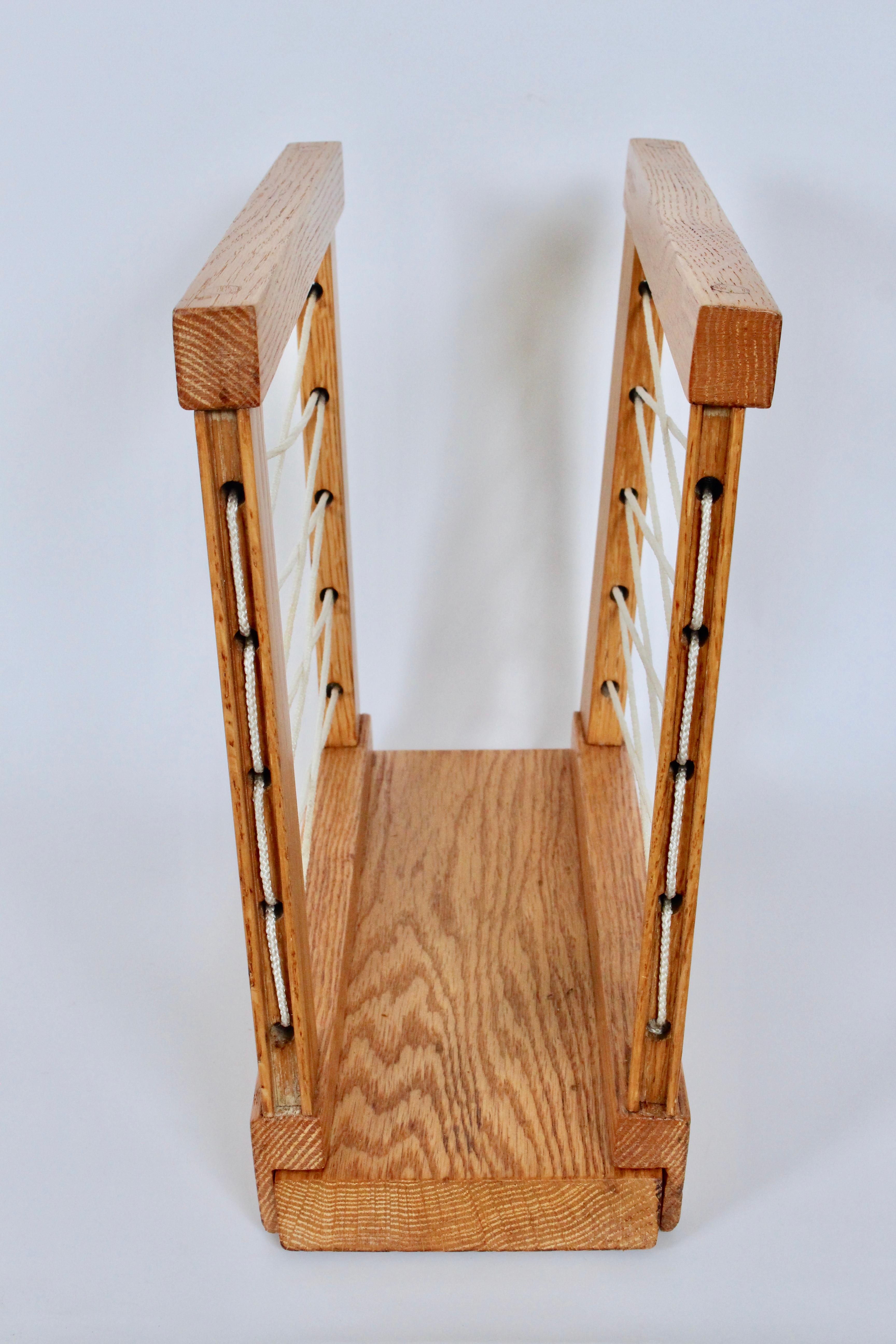 20th Century Hand crafted Solid Oak and Cord Magazine Rack, circa 1950 For Sale