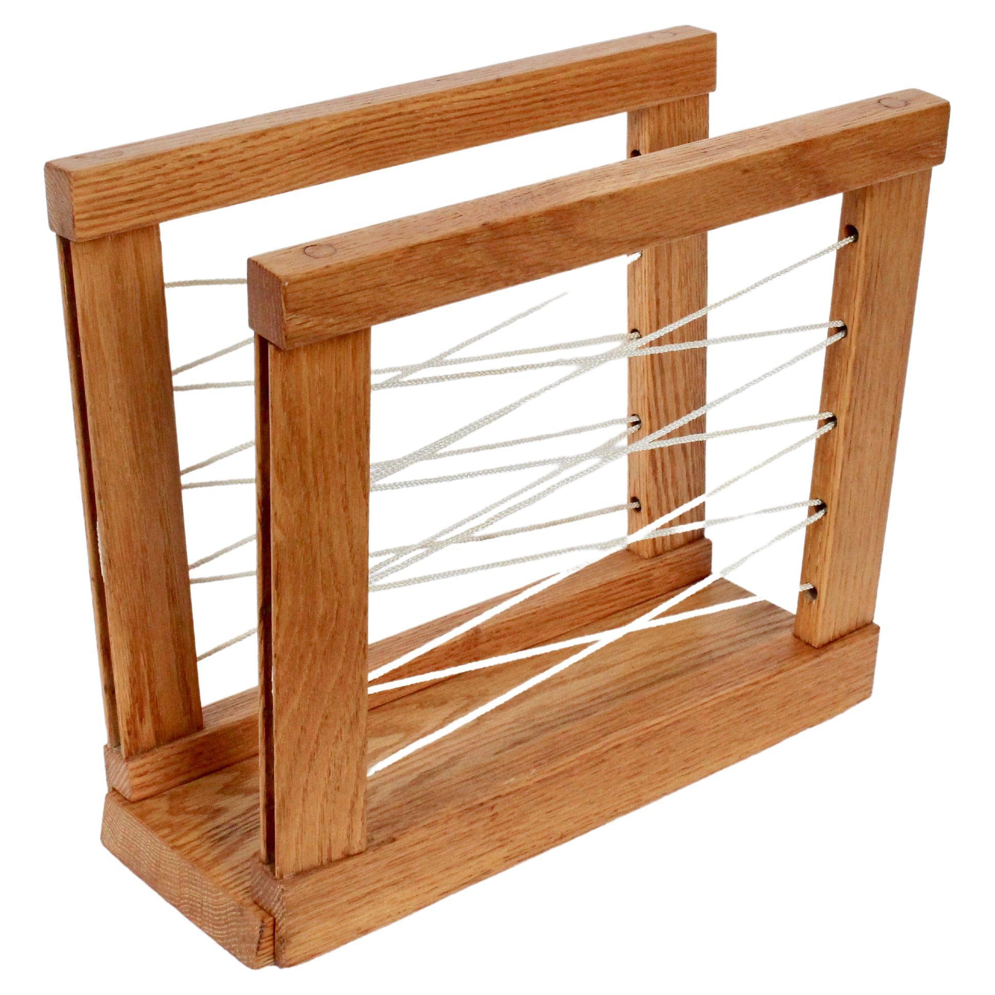 Handcrafted Solid Oak and Cord Magazine Rack, circa 1950 For Sale