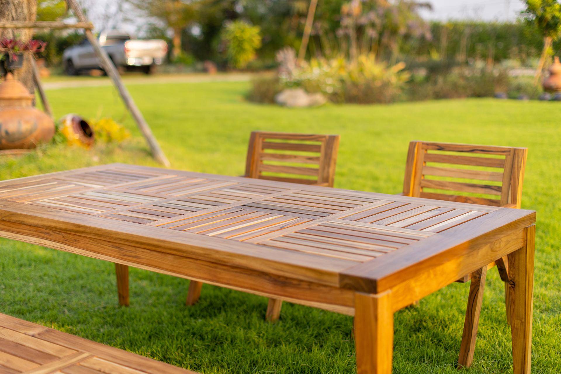 Contemporary Handcrafted Solid Teak Outdoor Dining Table For Sale