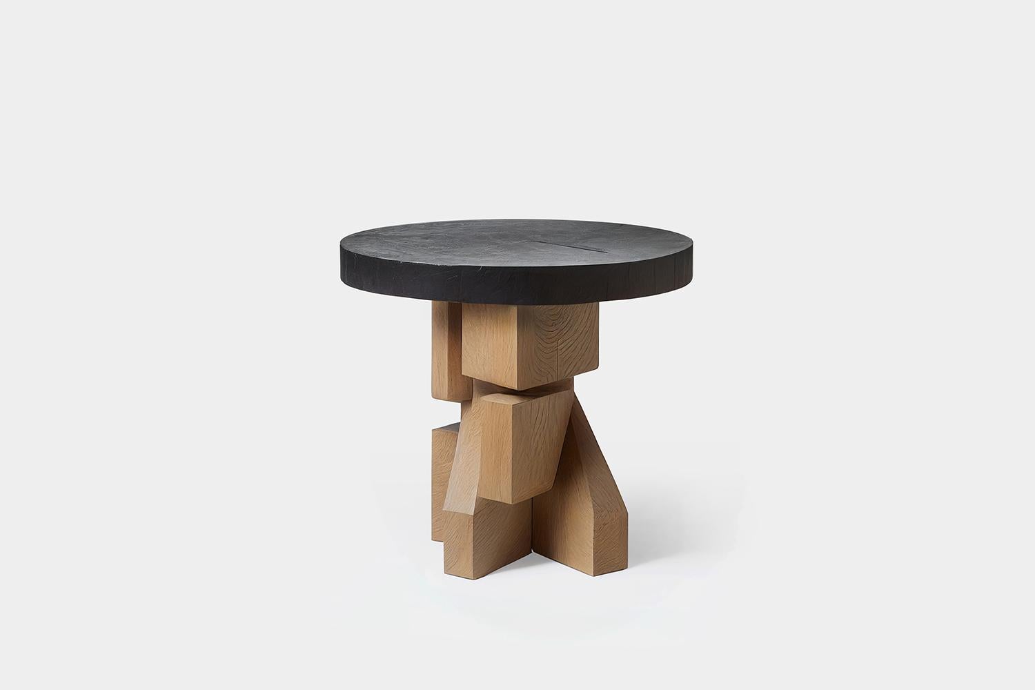 Hand-crafted solid thick oak side table with faceted base and black round table top. 
Product made to order; some variances may apply to the final piece. 

——

NONO is a Mexican design brand with more than 10 years of experience dedicated to the