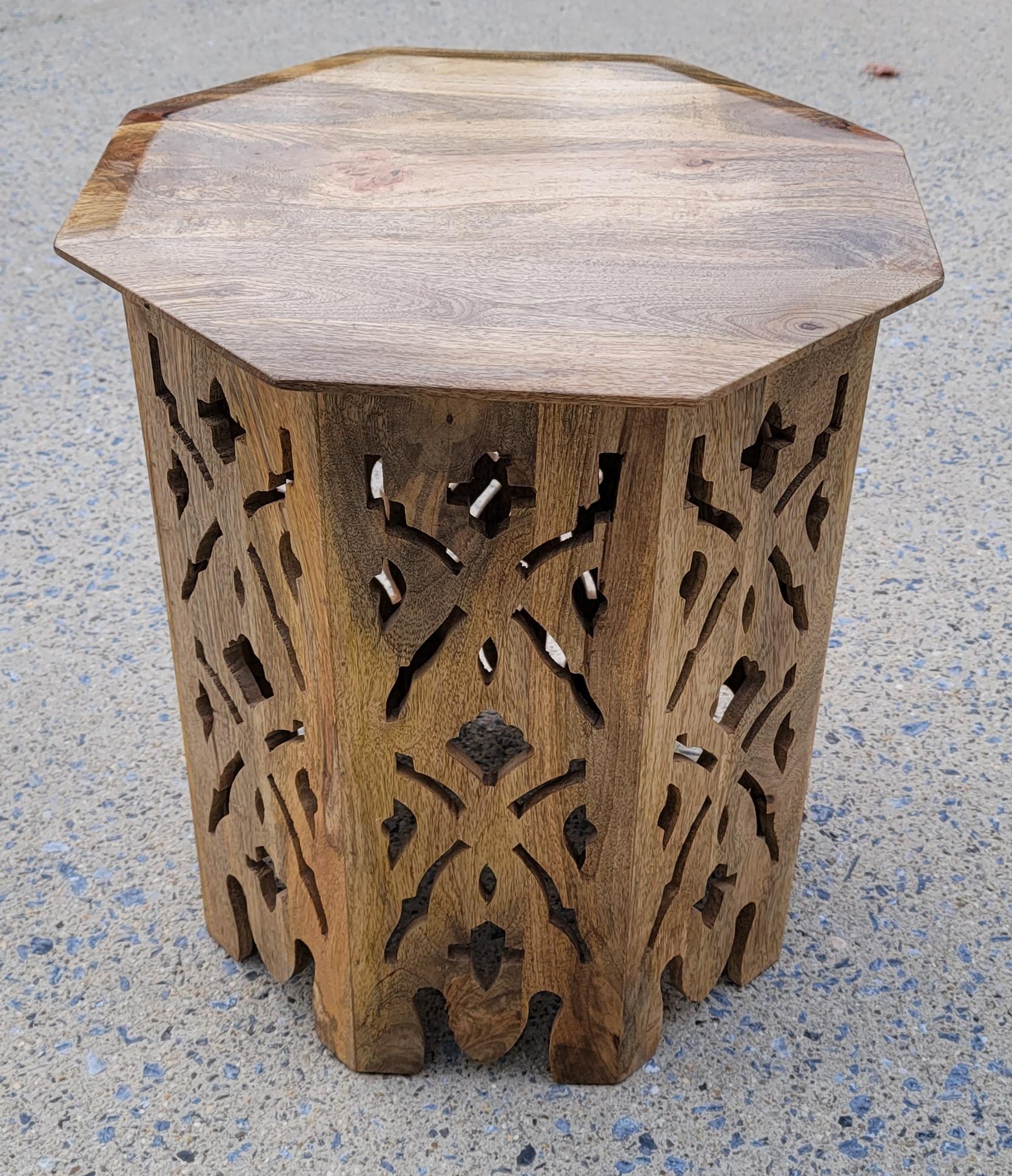Hand-Carved Hand Crafted Solid Walnut Octogonal Side Tables, a Pair For Sale