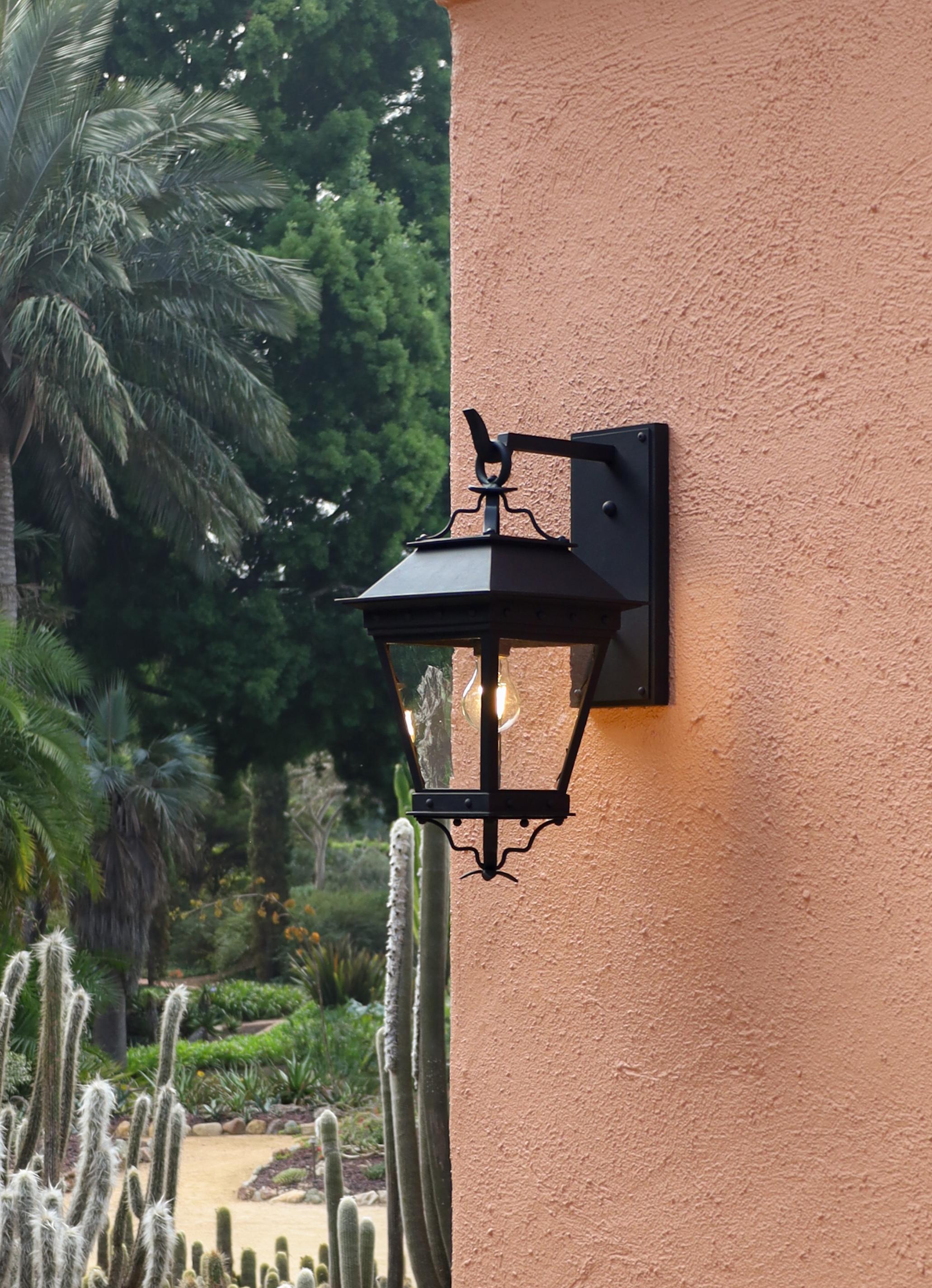 Forged Hand-Crafted Spanish Style Wrought Iron Ornamental Exterior Outdoor Wall Lantern For Sale