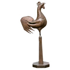Hand Crafted Styized Copper Rooster Weathervane On Base